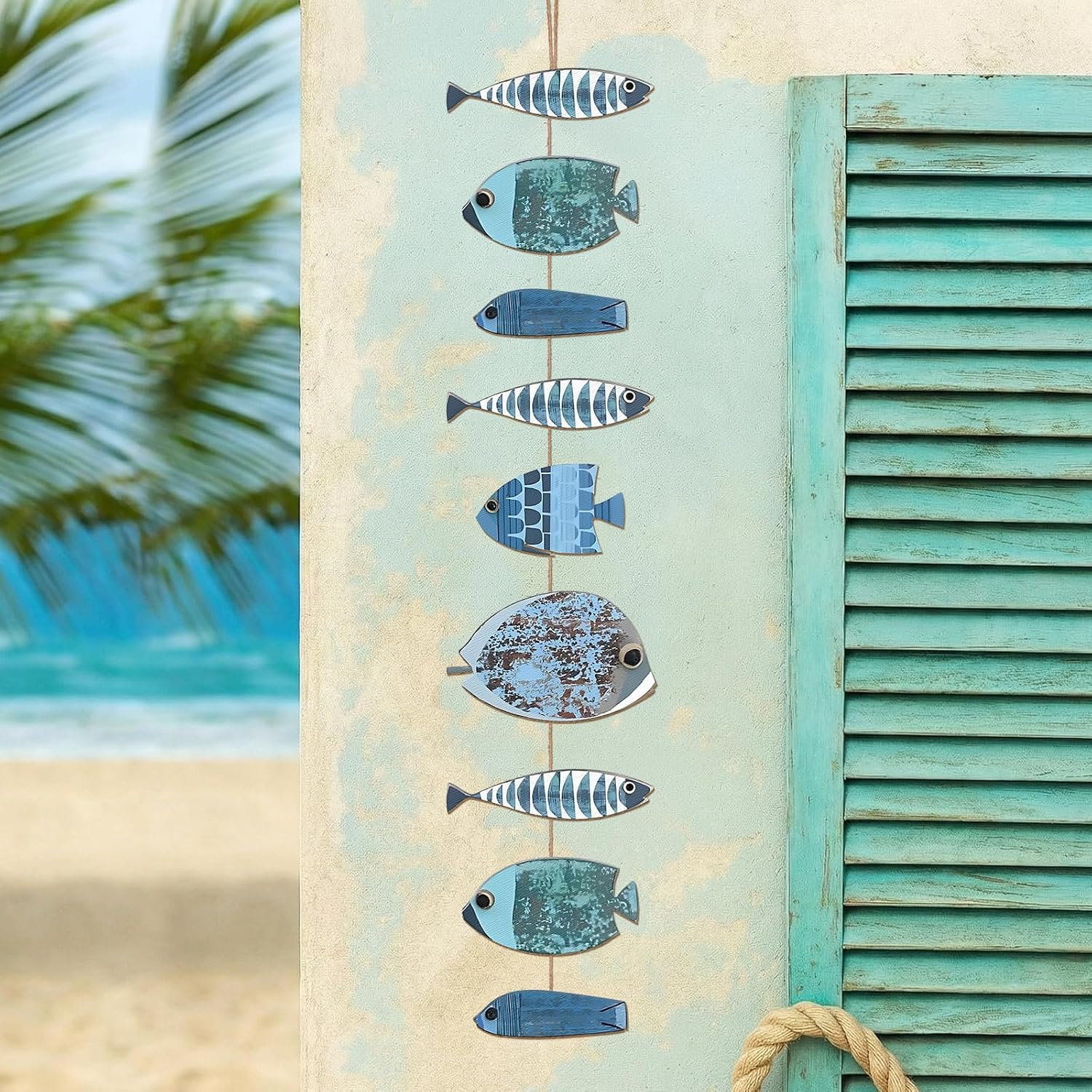 Novabright Wooden Fish Hanging Wall Decor Nautical Rustic Fishing Wood Sculpture Decorations Beach Coastal Theme Farmhouse Hanging Sign for Home Bathroom Bedroom Lake House (Teal Blue,Coastal)