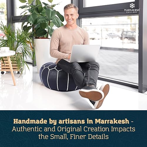 Miniatura 25 de Marrakesh Gallery - Funda de puf marroquí, otomana redonda y grande de piel, decoración bohemia para sala de estar, reposapies, sin relleno Marrón