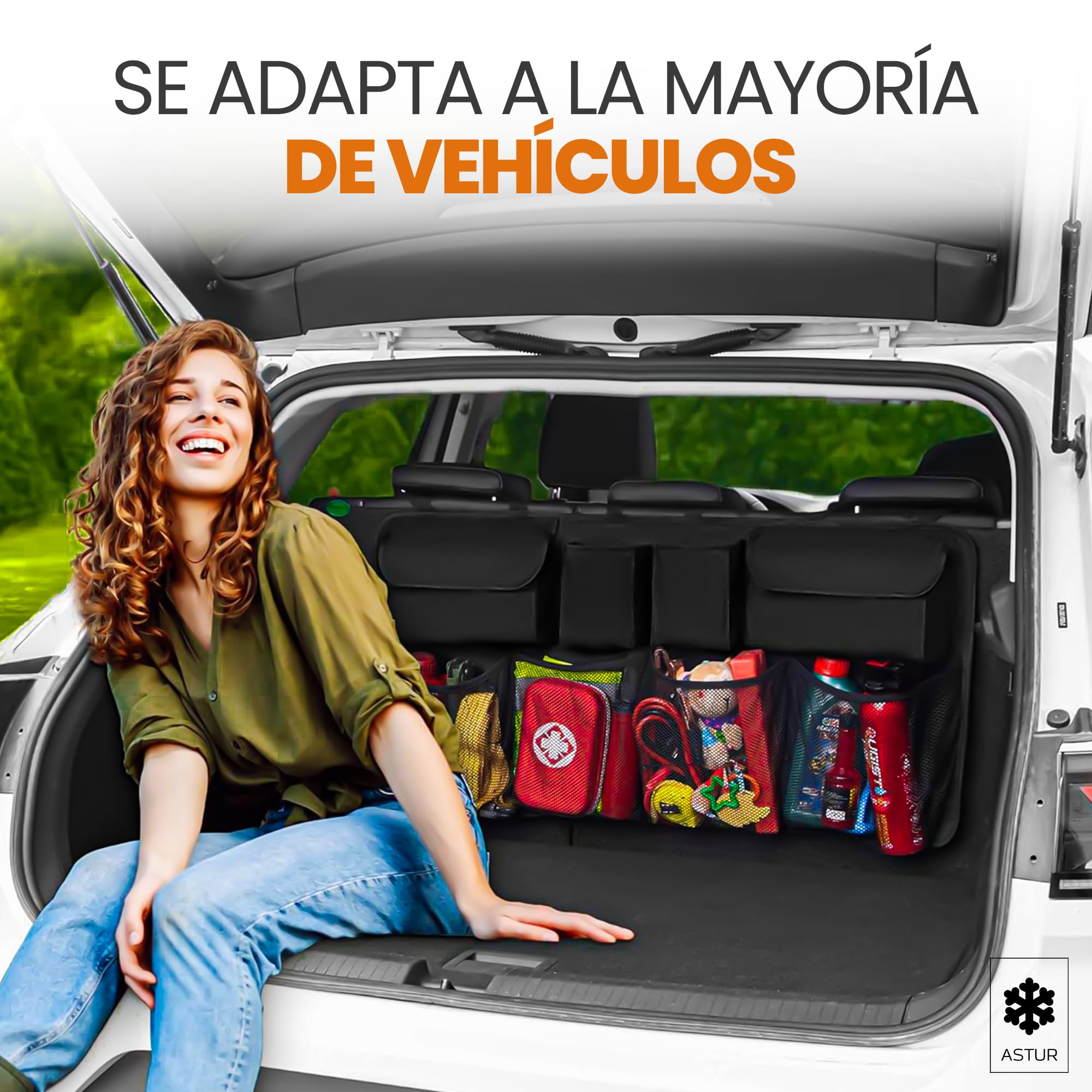 Astur Organizador Maletero Coche Plegable e Impermeable – Gran Capacidad con 8 Bolsillos – Organizador Coche Maletero Antideslizante y Ajustable (Organizador Maletero Negro)