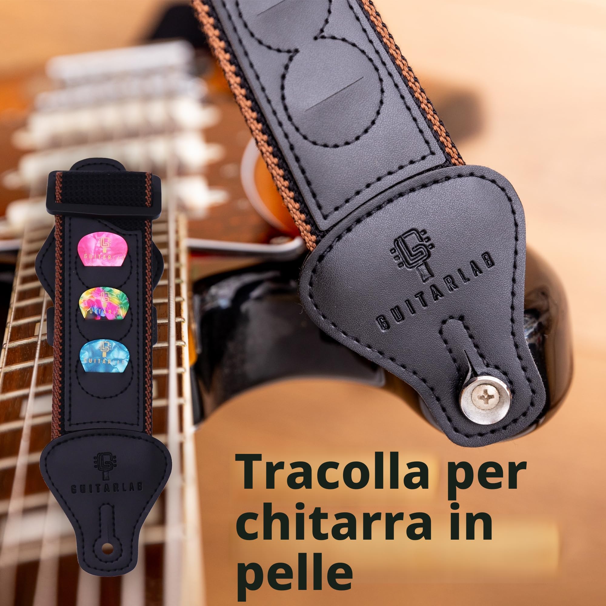 Guitar Lab Kit di accessori per chitarra – Scatola in metallo di alta qualità con cinghia per chitarra, capotasto e sintonizzatore per chitarra elettronica a clip, plettri acustici, bassi
