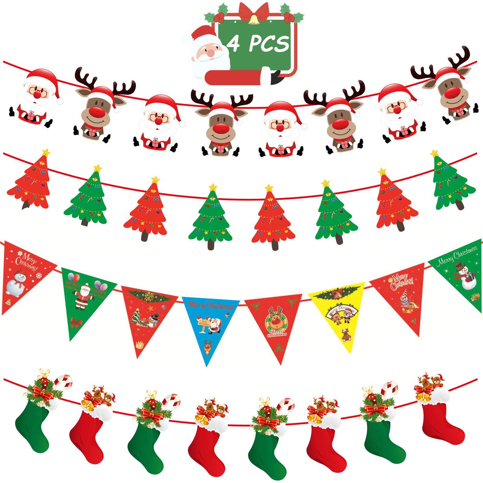 Afocuz 4 Pcs Paper Christmas Banners Flags Hanging Bunting Door Wall Window Hanging Decoration Ornaments Home Office Hotel Party Scene Decoration Supplies (A)