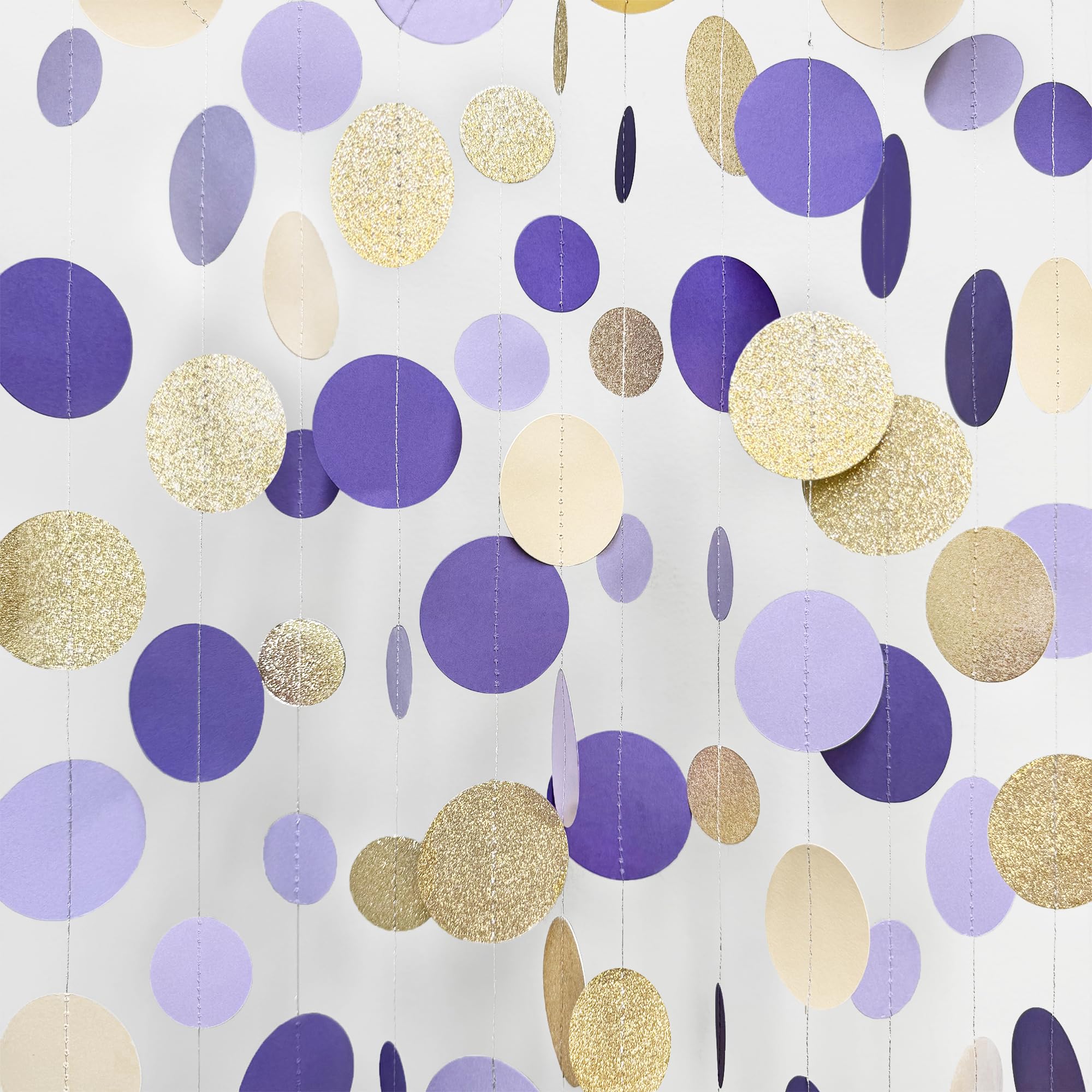 Champagne Gold Purple Cream Nude Polka Dots Garland Lavender Hanging Paper Circle Dot Streamer for Birthday Wedding Shower Engagement Bridal Shower Lilac Violet Theme Party Decorations Supplies