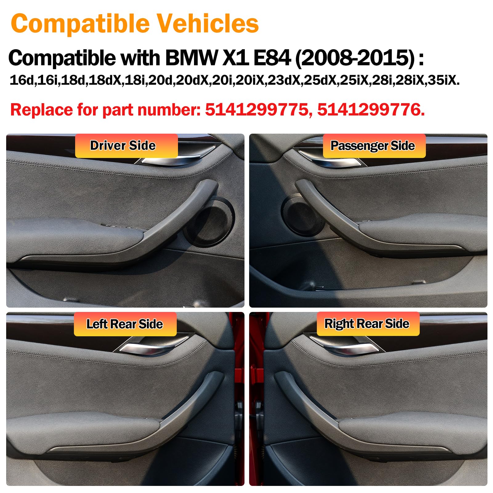 TTCR-II 4PCS Compatible con Manija Interior Puerta BMW X1 E84 2008-2015 | 16d,16i,18d,18dX,18i,20d,20dX,20i,20iX,23dX,25dX,25iX Tirador de Puerta X1 E84 Izquierda+Derecha Manija Interior-Negro