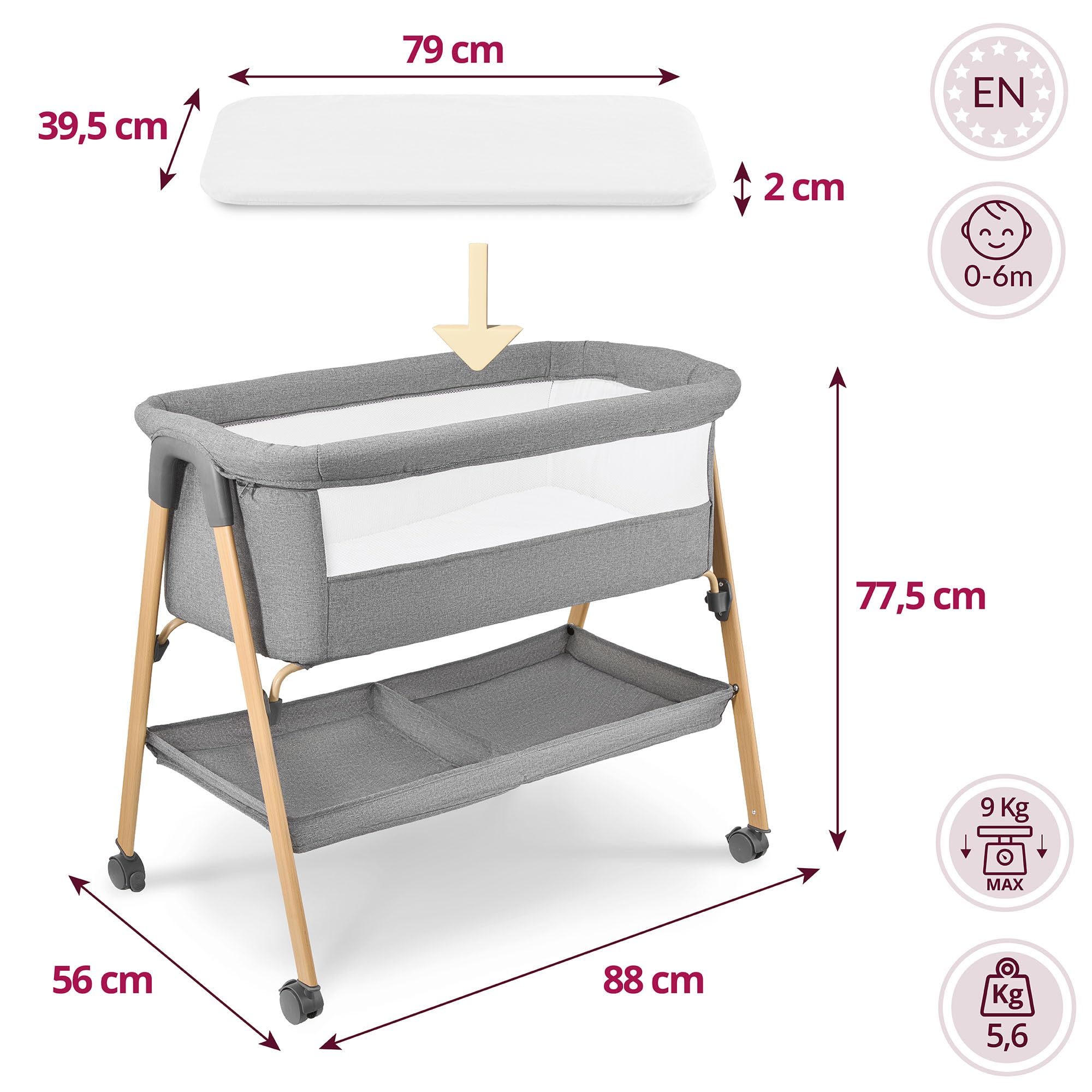 Moby-System Lit Bébé avec Matelas - Berceau Pliant 0-6 Mois - Gris Mélange - Respirant, Léger, Mobile avec roulettes et Freins, Pliable avec Panier de Rangement - LOZ Mili