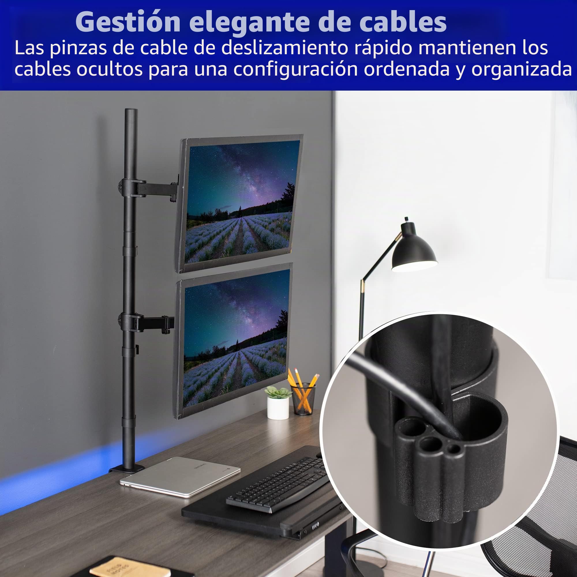 VIVO STAND-V012T - Soporte de Escritorio para Monitor Doble (Altura Vertical, Barra de 99 cm, Brazos extendidos Totalmente Ajustables, se Adapta a 2 Pantallas de hasta 27 Pulgadas)