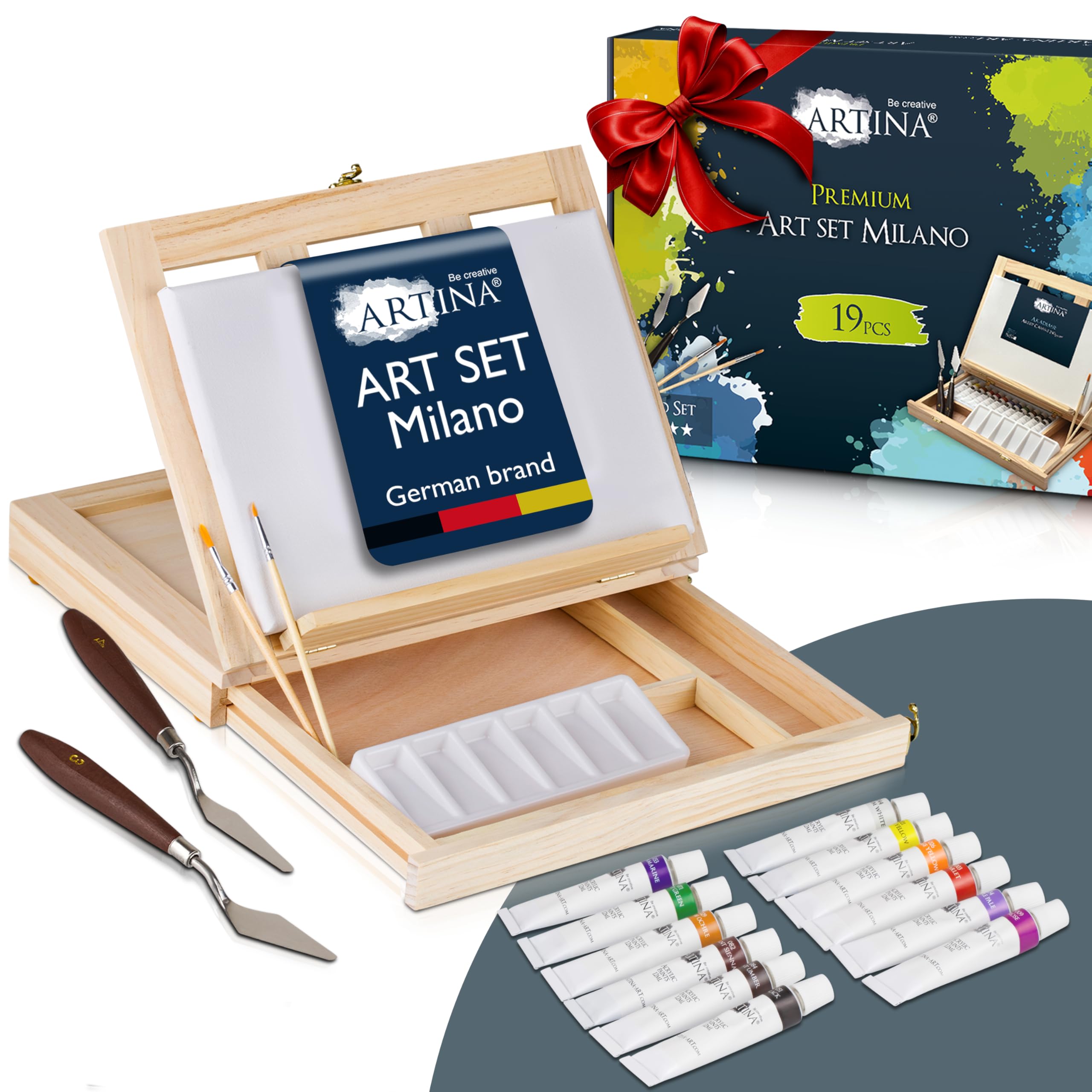 Artina 19pcs Kit Peinture Acrylique avec Coffret en Bois – Coffret Peinture Enfant avec Malette Chevalet Table, Toile, 12x12 ml Couleurs Acryliques, Pinceau – Kit pour Débutants & Artistes – Milano