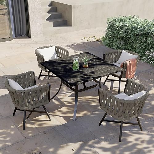 Miniatura 11 de Grand patio Juego de comedor al aire libre de 7 piezas para 6, Juego de muebles de comedor de patio con 6 sillas giratorias de mimbre de cuerda y 1