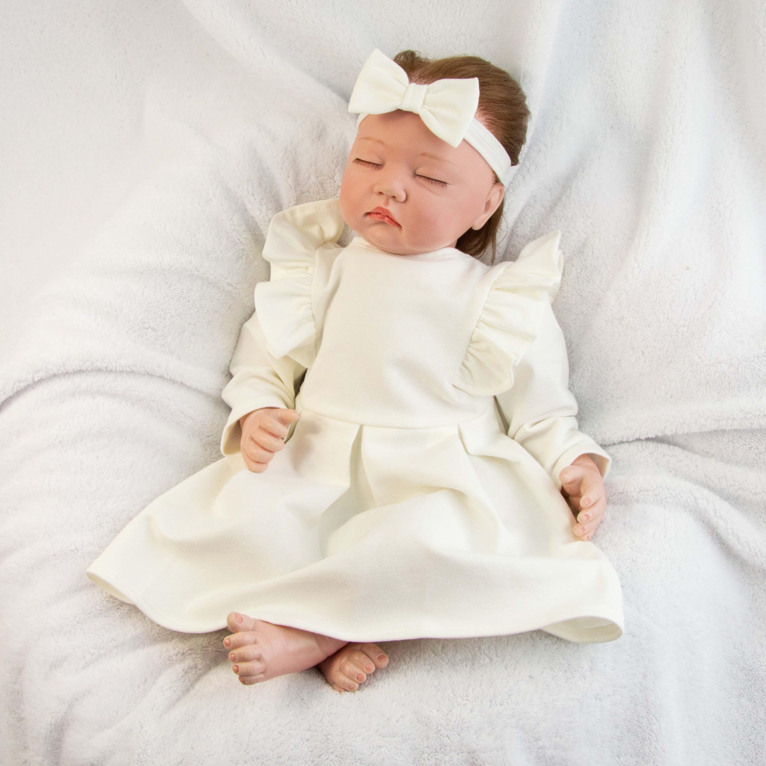 Taufkleid Mädchen mit Stirnband – Elegantes Baby Kleid aus 95% Baumwolle – Taufe & Festtagskleidung für Säuglinge – Rüschen, Kellerfalten & Schleife – Bequeme Babymode