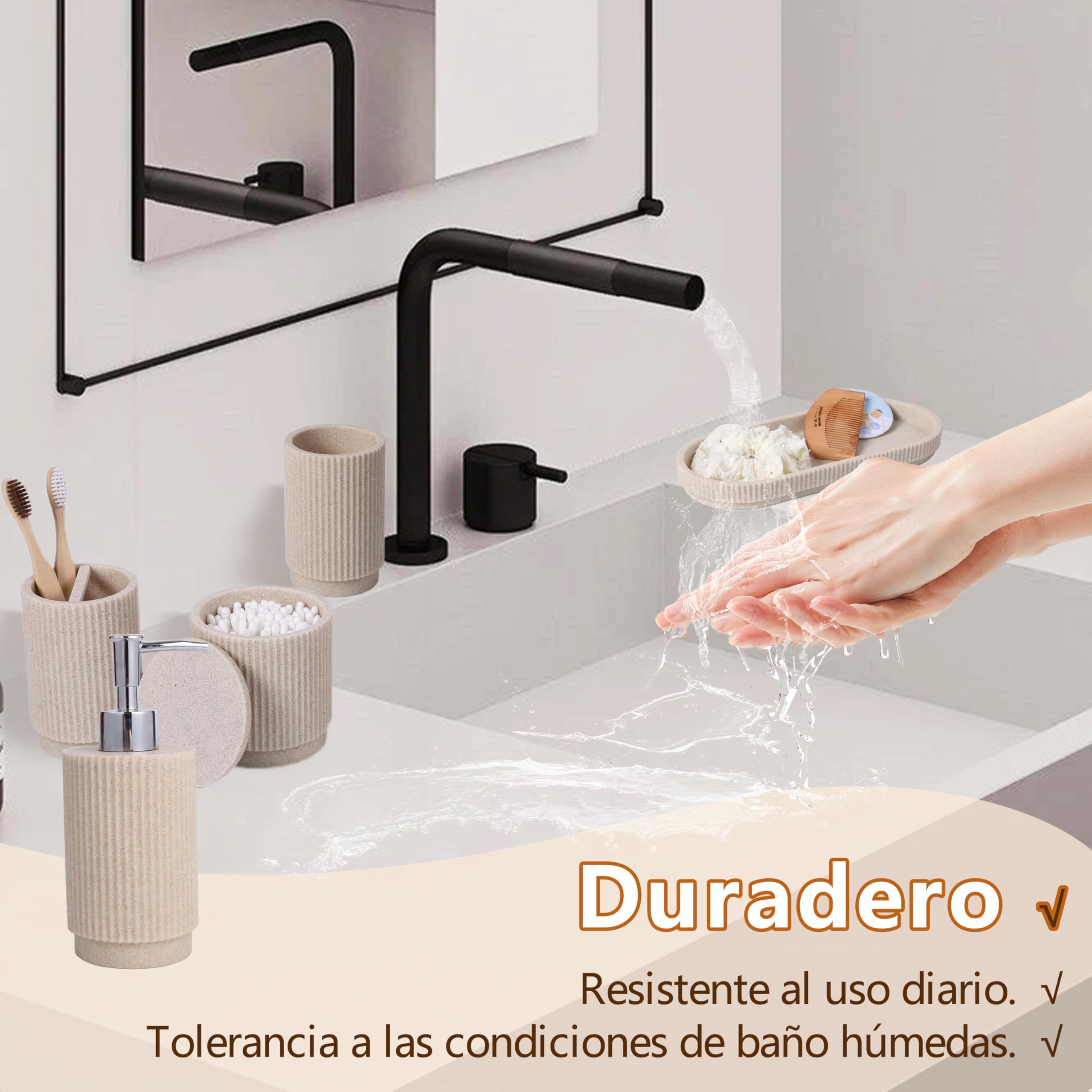 Set Completo de Accesorios de Baño 6 Piezas, Resina Beige Rayada | Dispensador de jabón, vaso, porta cepillos, bandeja, algodonero y organizador; conjunto completo para lavabo, tocador y baño.