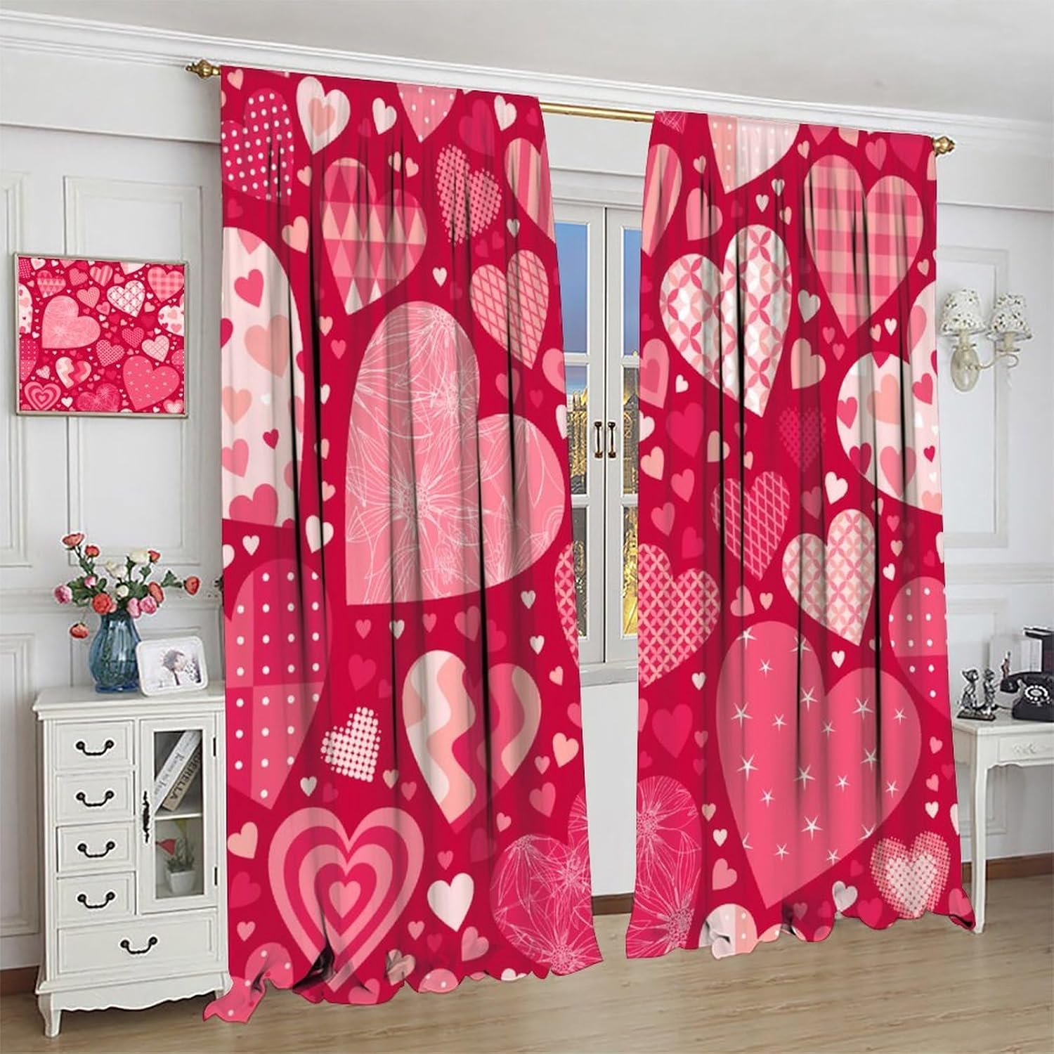 Love Curtain Romantic Pink Love Pattern Blackout Print Rod Pocket Window Drapes for Bedroom Living Room 42x54in