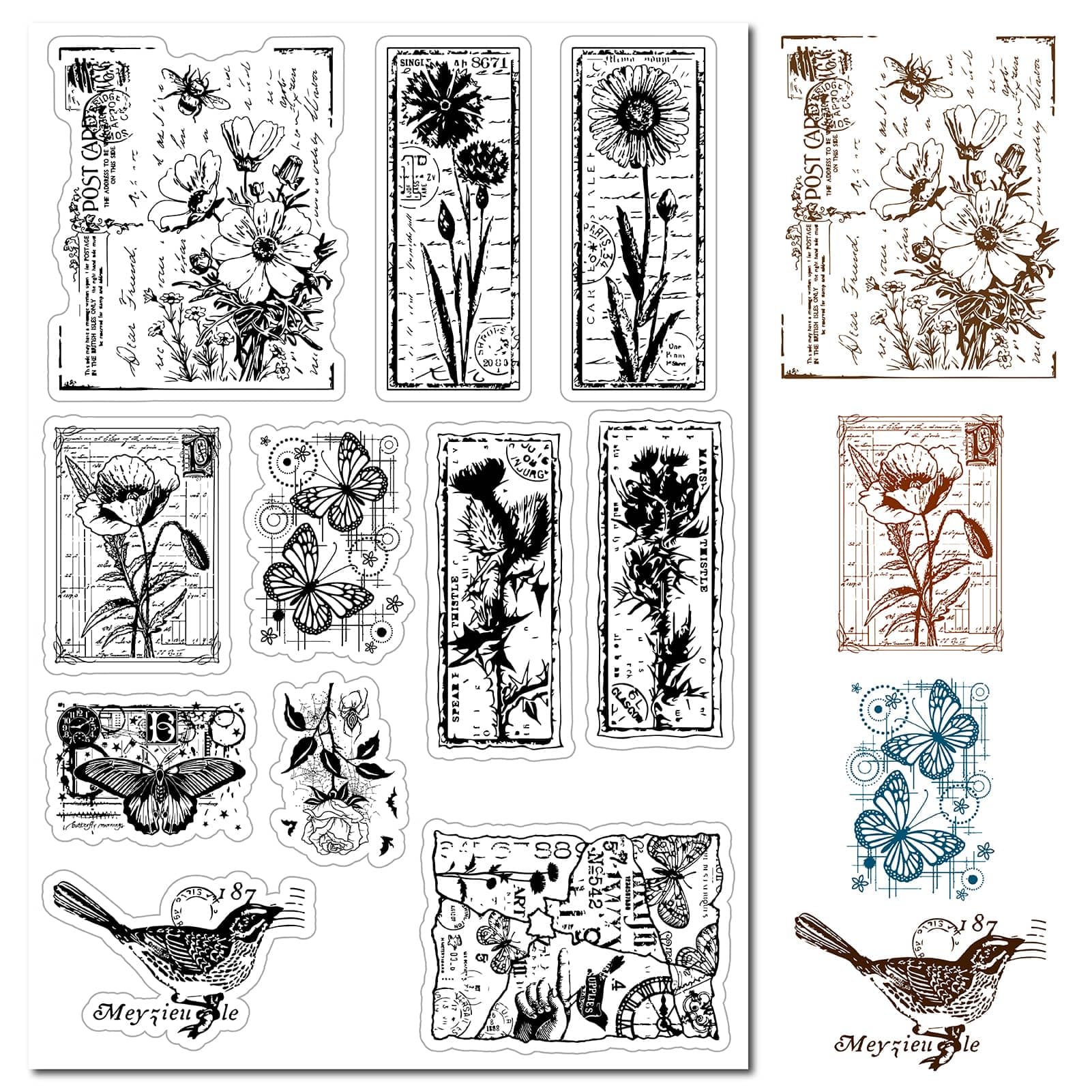 CRASPIRE Flowers Postcard Clear Rubber Stamp Poppy Moth Birds Butterfly Plants Vintage Transparent Silicone Seals Stamp for Journaling Card Making DIY Scrapbooking Handmade Photo Album Notebook Decor