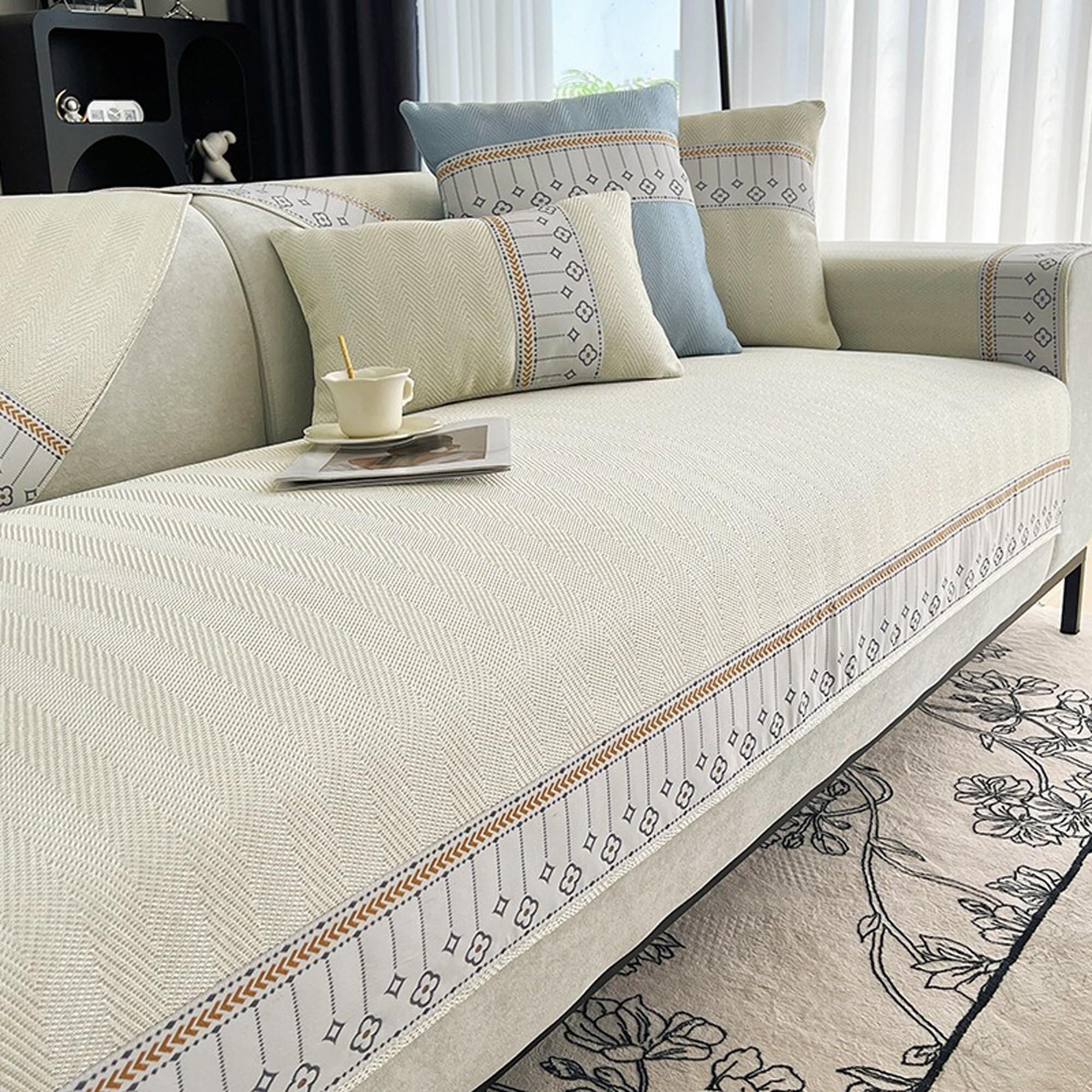 Upgraded Couch Covers - Summer New Cooling Couch Cover for 2 3 4 Cushion Couch Anti-Slip Washable Sofa Cover Modern Style Sofa Slipcover L/U Shape Ice Silk Cooling Sofa Cover for Dogs(Beige,90*210CM/3