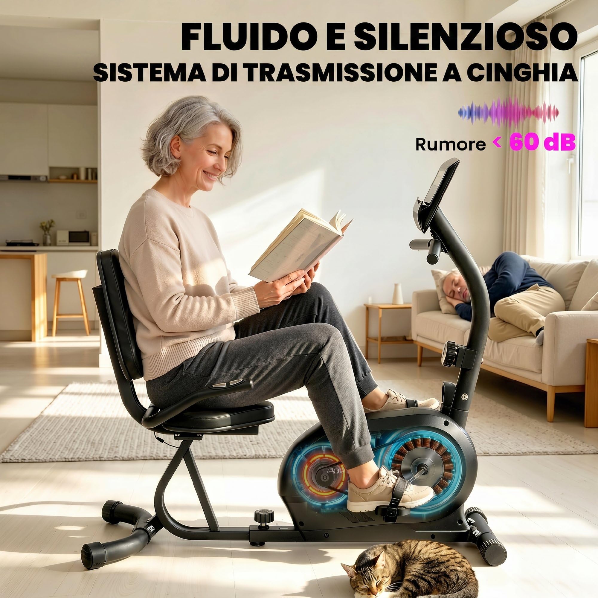 SPORTNOW Cyclette da Casa Orizzontale con 8 Livelli di Resistenza Magnetica, Cyclette Recumbent con Bluetooth App, Schermo LCD, Frequenza Cardiaca, Sedile Regolabile, Ruote, Allenamento Casa Anziani