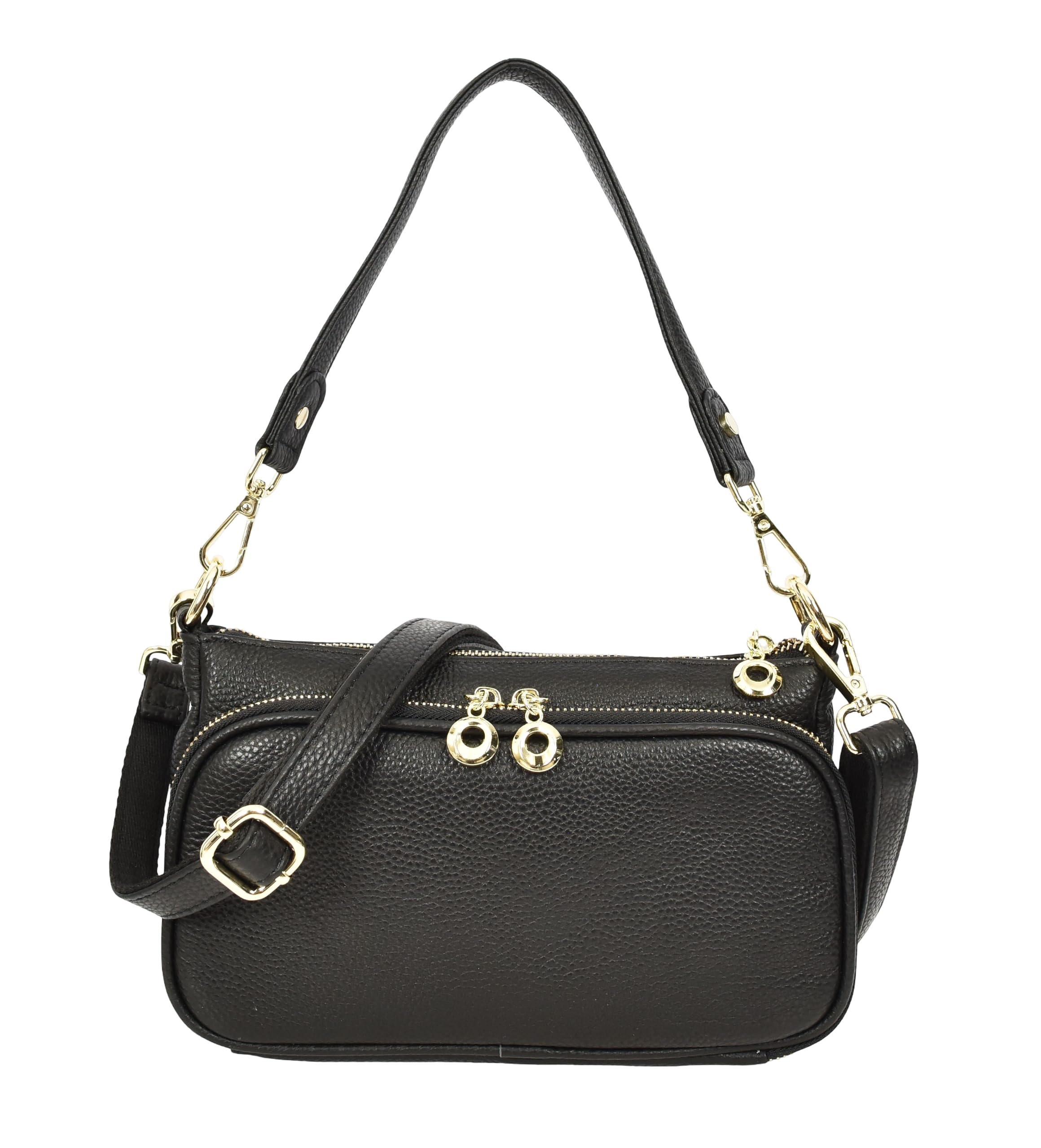 Borsa a tracolla da donna in vera pelle, multi scomparto con manico corto staccabile, Georgina