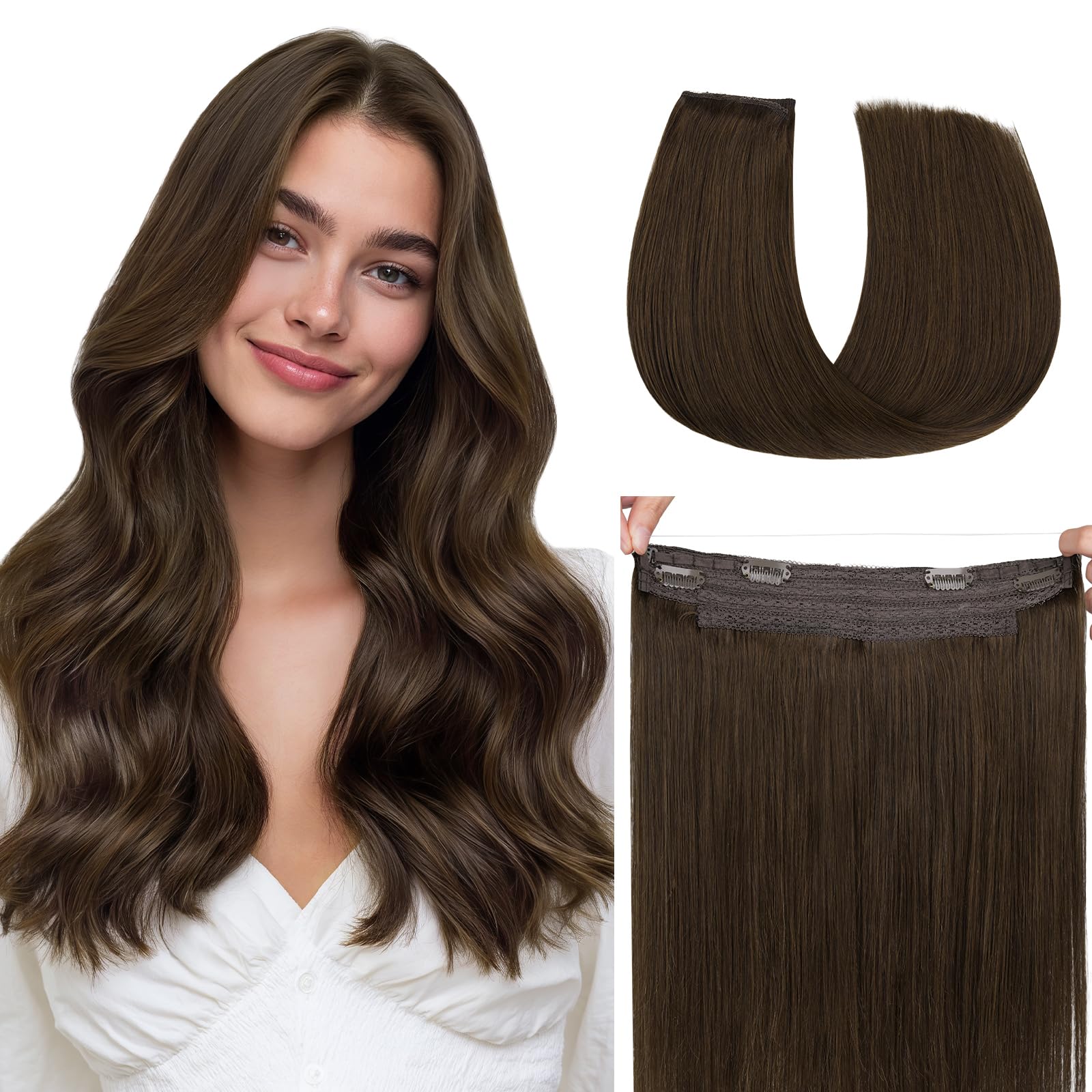 hotbanana Secret Hair Extensions Echthaar, 40cm 95g Remy Haarverlängerung mit Draht Invisible Secret Draht Extensions Echthaar Fish Line Haarverlängerungen Schokoladenbraun