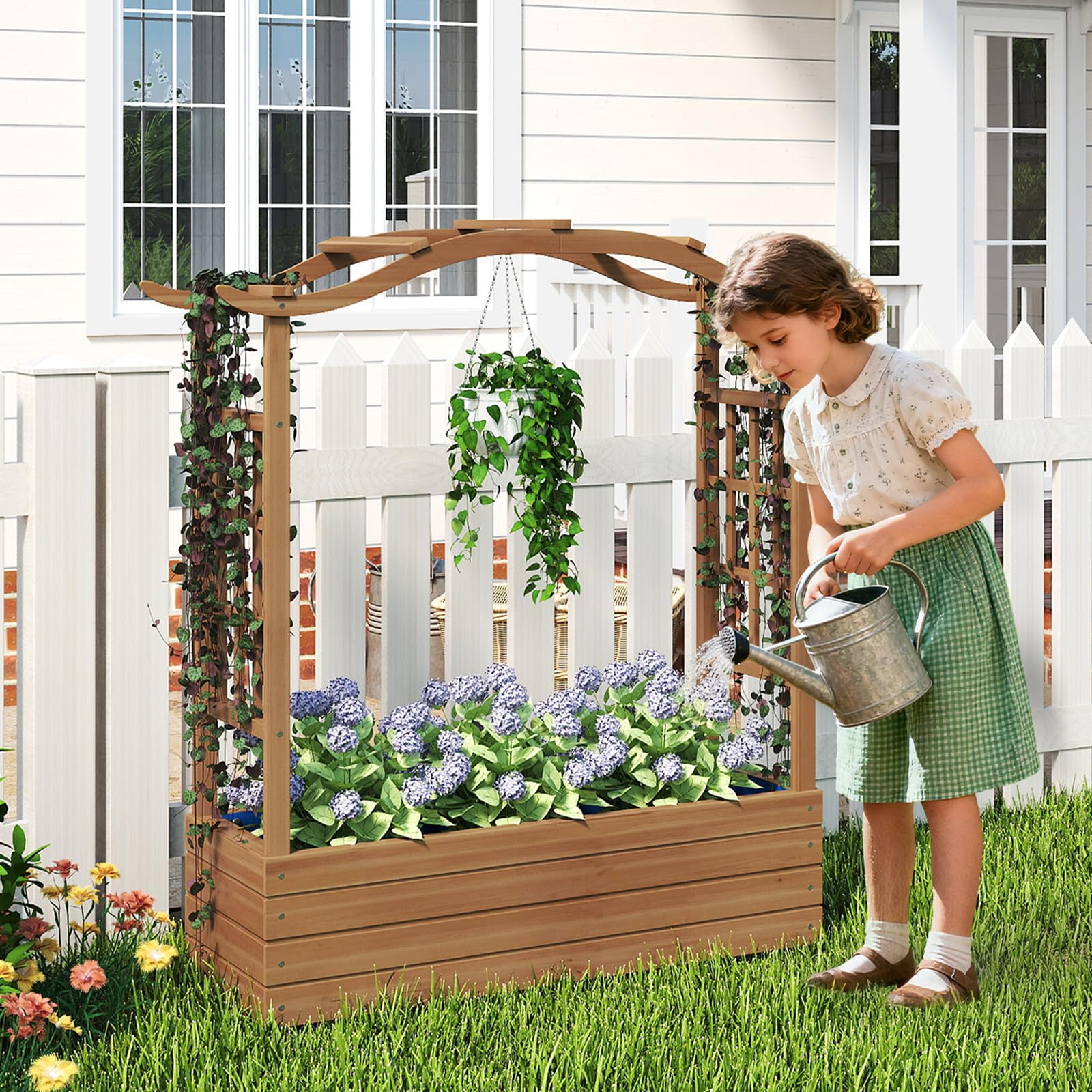COSTWAY Jardinera Elevada con Enrejado, Jardinera de Madera Maciza con Techo Colgante, 2 Enrejados Laterales, Contenedor Elevado para Plantas de Jardín, para Plantas Trepadoras, 110 x 40 x 124 cm