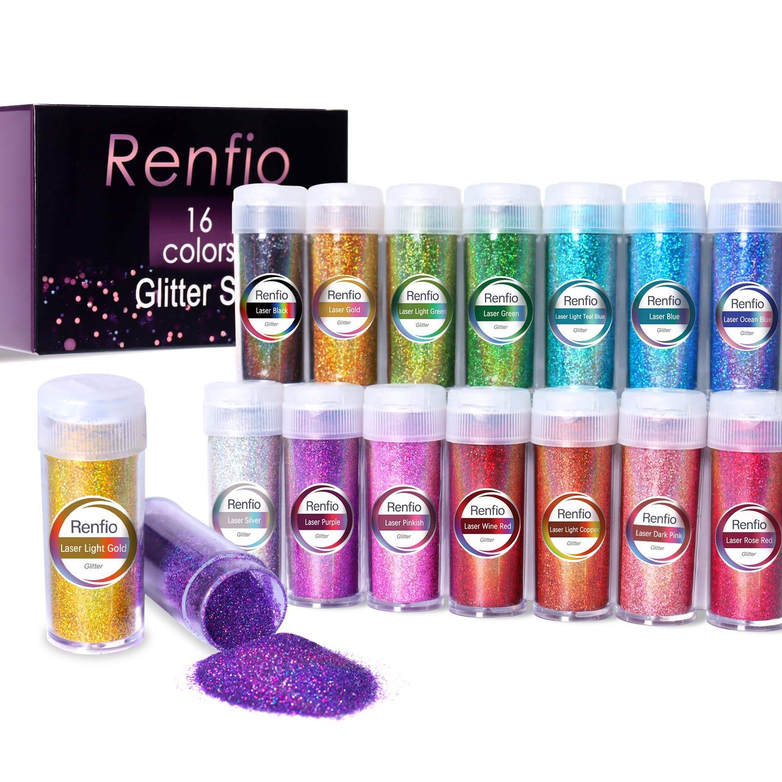 Renfio Purpurina holográfica, juego de purpurina de resina de 16 colores, 15 g cada uno, purpurina extrafina para manualidades, PET de 1/128 pulgadas, accesorios de resina epoxi, polvo de purpurina