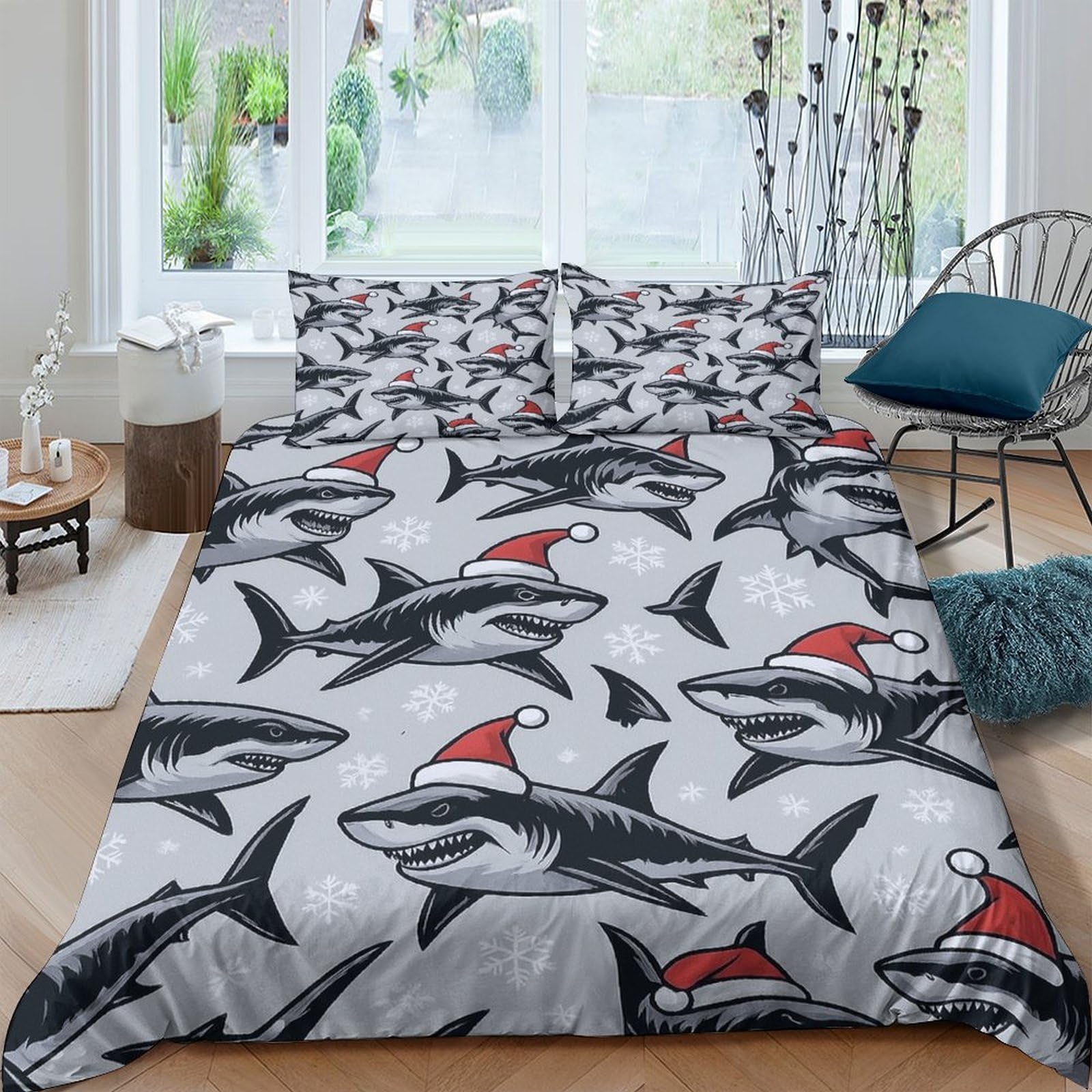 Ctjqhvkz Style-8 3D Printed Christmas Shark Fitted Sheet Microfiber Soft Grey Cartoon Santa Bed Cover For Bedroom Guest Room Decor Single（135X200cm）