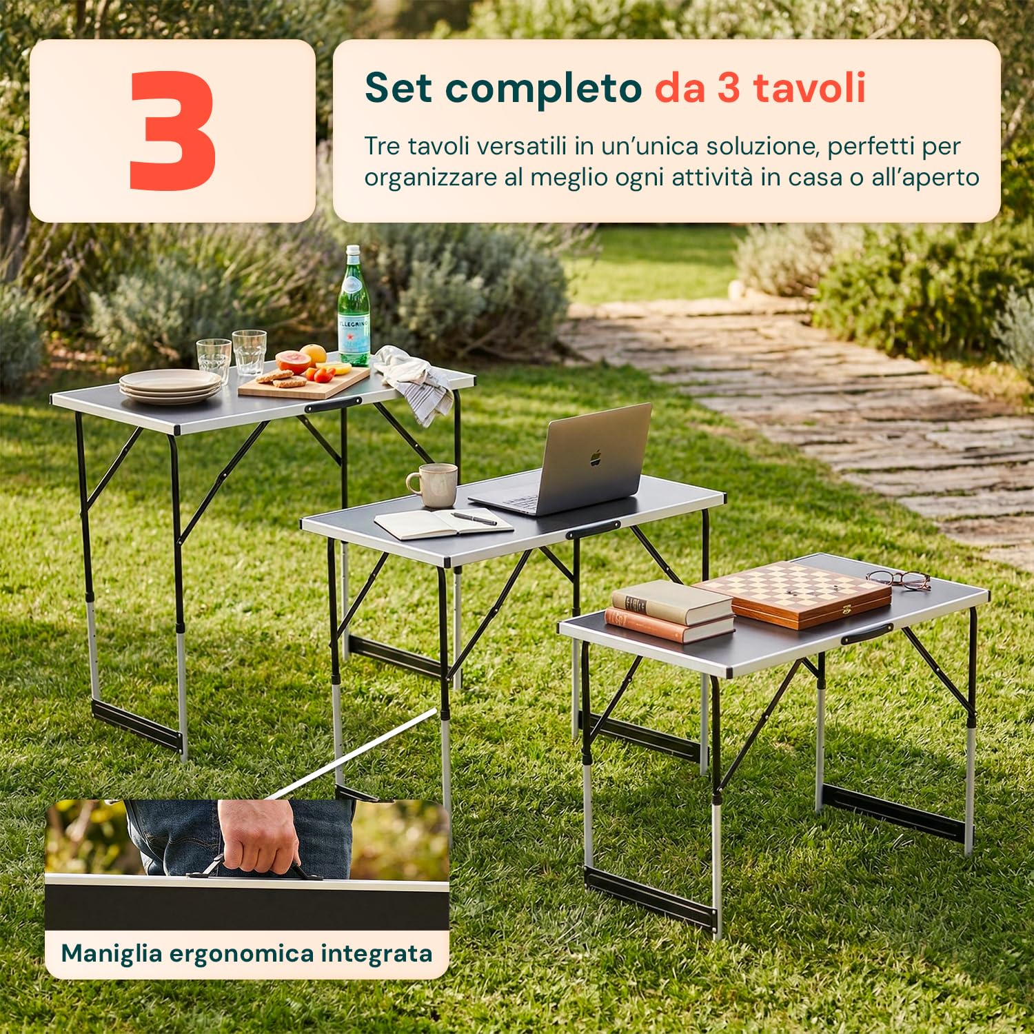 Tavolo Pieghevole Set da 3 con 4 Altezze Regolabili, Struttura in Alluminio e Piano in MDF, per Campeggio, Giardino ed Eventi, Leggero, Salvaspazio e Facile da Trasportare