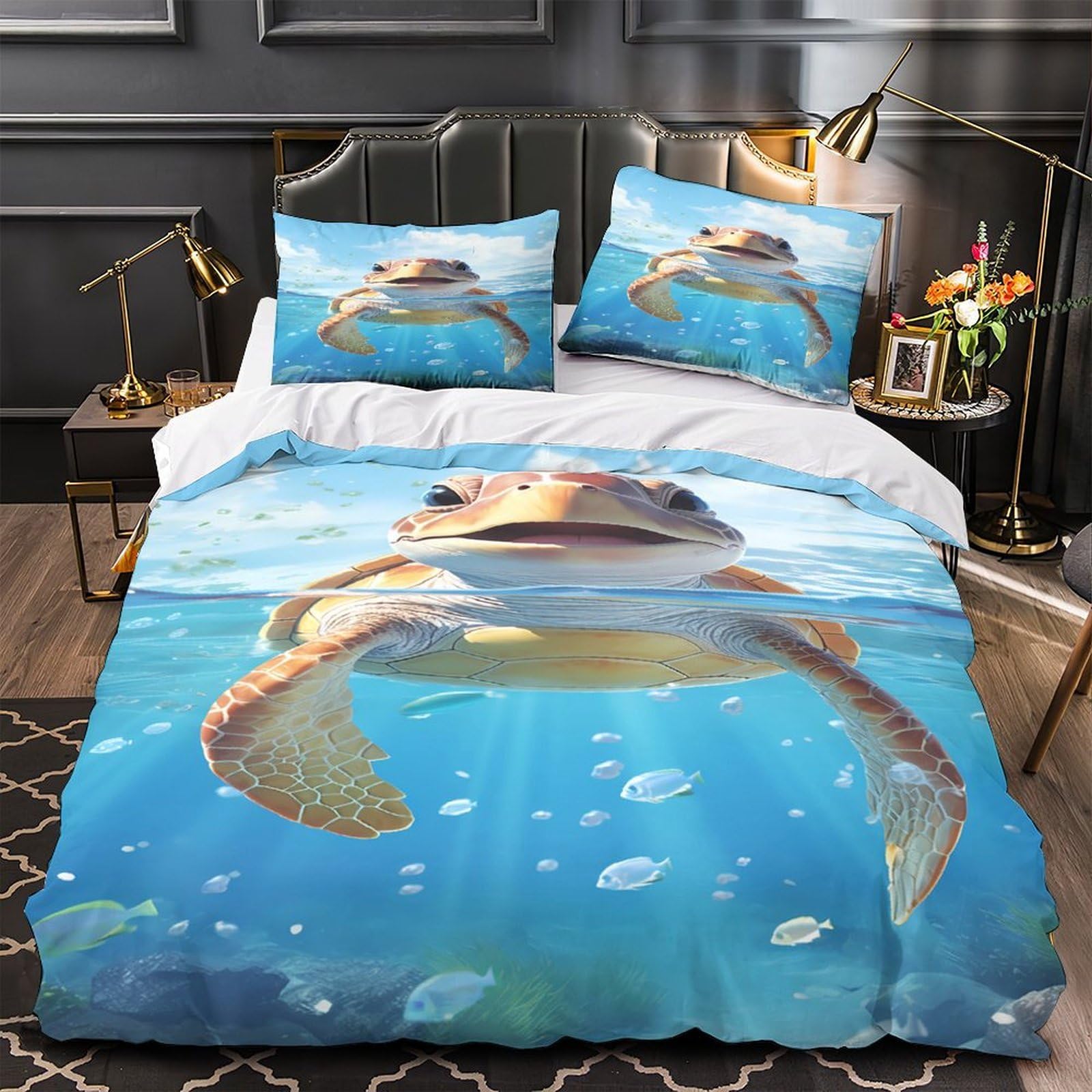 Drap de couette tortue 3D microfibre anti-tache et hypoallergénique pour chambre de fille