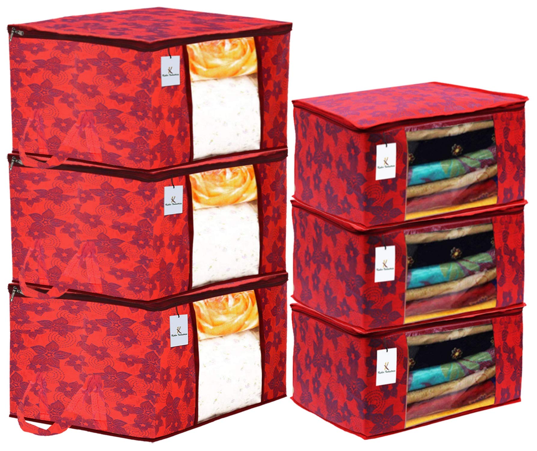 Kuber Industries Metallic Printed Non Woven 3 Pieces Saree Cover and 3 Pieces Underbed Storage Bag, Cloth Organizer for Storage, Blanket Cover Combo Set (Red) -CTLTC38551