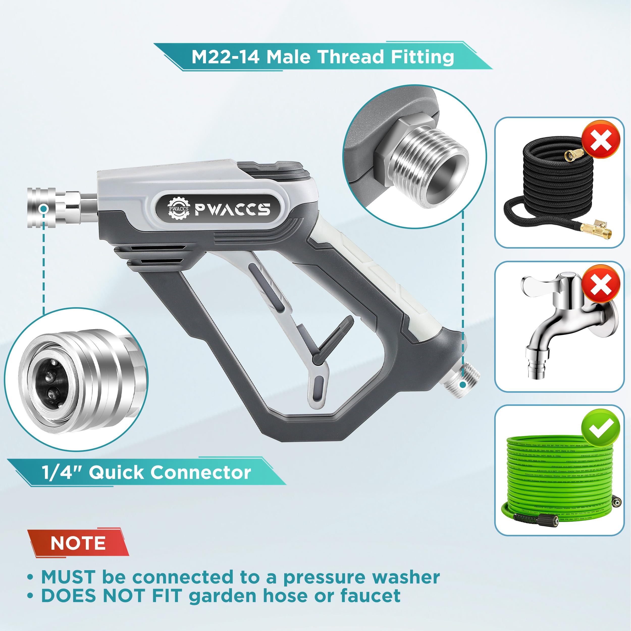 PWACCS Pistola de espuma para hidrolimpiadora con accesorio de doble conector, pistola de lavado a presión corta y kit de lavado de coche de doble punta, conector rápido de 1/4", entrada macho M22