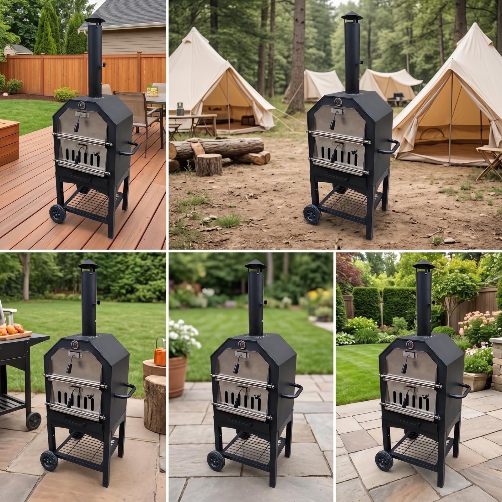 Barbecue a Carbone Outdoor Griglia Affumicatore Forno Cottura Verticale Struttura in Metallo Acciaio Inossidabile con Manico Ruota Ripiano Adatto per Cortile Patio Picnic 66x52.5x158.5cm