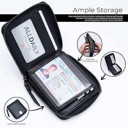 Miniatura 2 de Alldaily Carteras de bloqueo RFID para hombres con cremallera plegable RFID tarjetero (negro)
