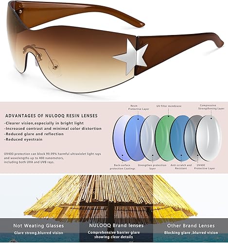 Miniatura 5 de NULOOQ Lentes de sol Y2K sin montura para mujeres y hombres, lentes de sol envolventes con escudo de estrellas de moda de gran tamaño sin marco