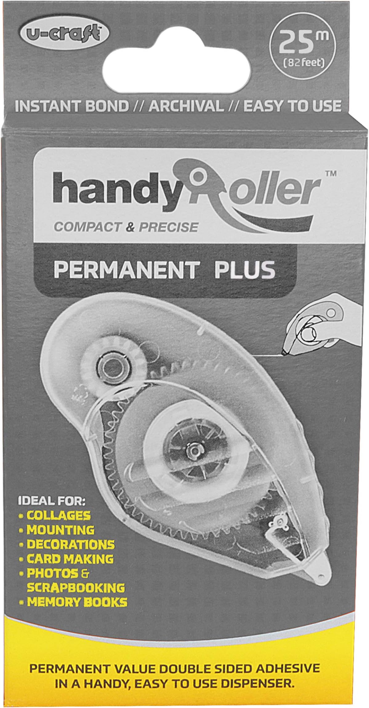 Permanent Adhesive Roller | Strong Double-Sided Adhesive | For Crafts, Scrapbooking, Archiving / with 25 m Adhesive Film on Roll