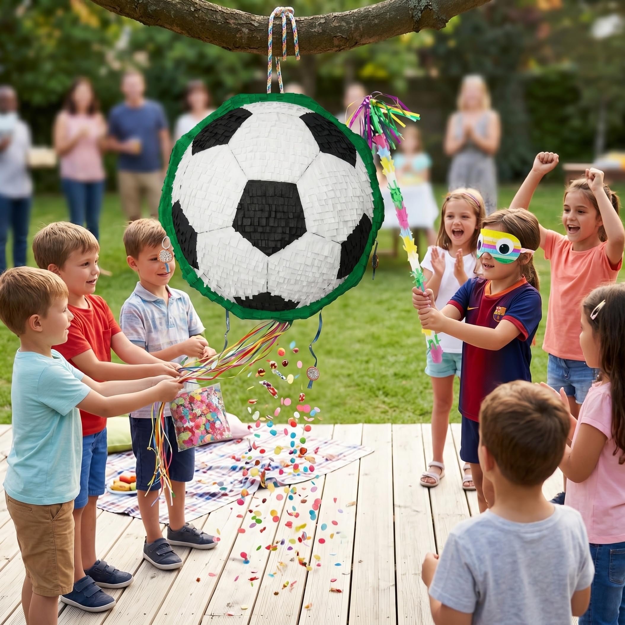 Decorazioni per feste di compleanno a tema calcio, pieghevoli, con doppia modalità di gioco, bastone, benda e coriandoli, decorazioni