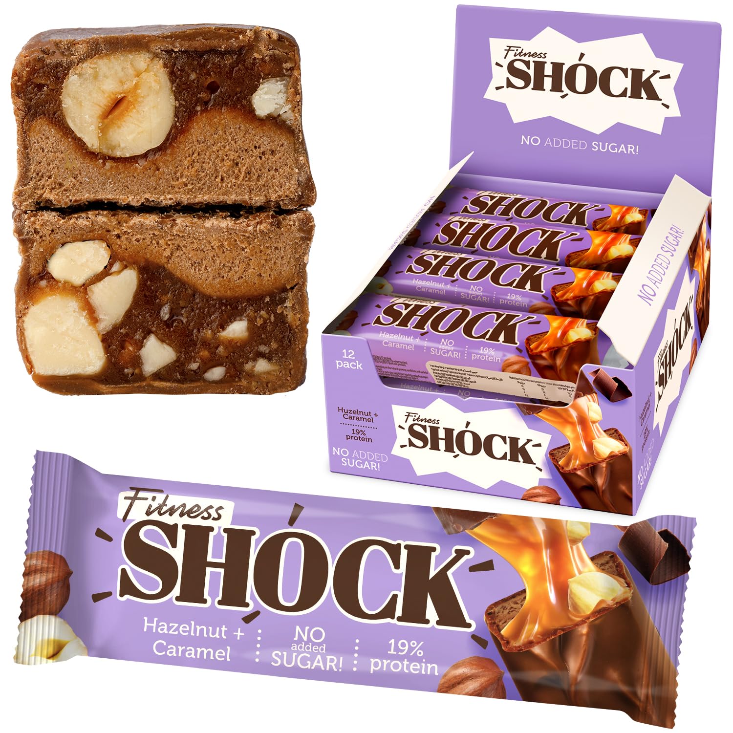 FitnesSHOCK Protein Bar 12pcs no added sugar, 19% protein, low carb (5,5g), rich in fibre, low calorie, 12-pack fitness chocolate bars box, palm oil free, no flour, 12x50g Hazelnut Caramel Flavor