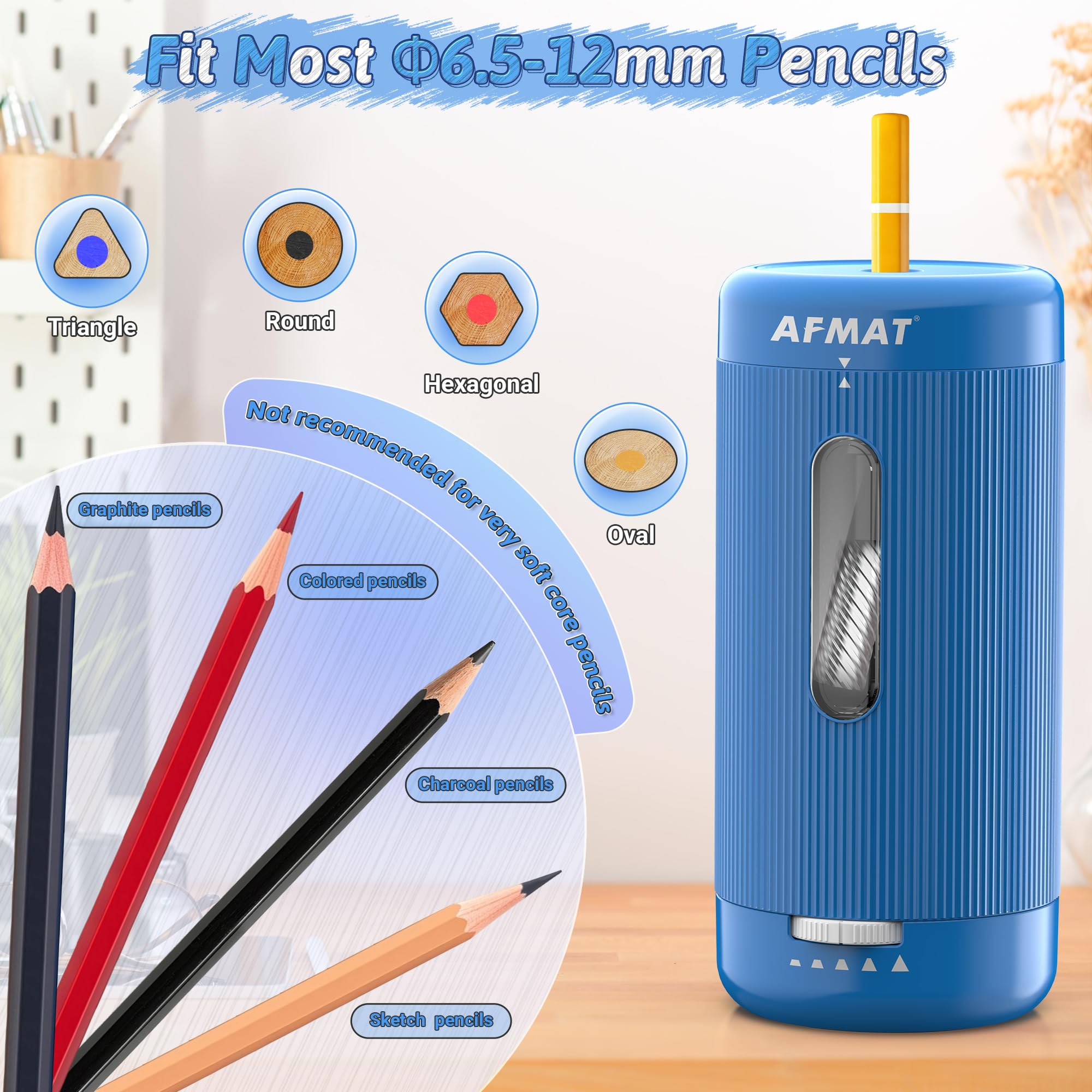 AFMAT Vollautomatischer elektrischer Bleistiftspitzer, automatisches Ein- und Ausschalten, wiederaufladbar, vollautomatischer Bleistiftspitzer für Jumbo- und Buntstifte (6,5–12 mm), tragbar für