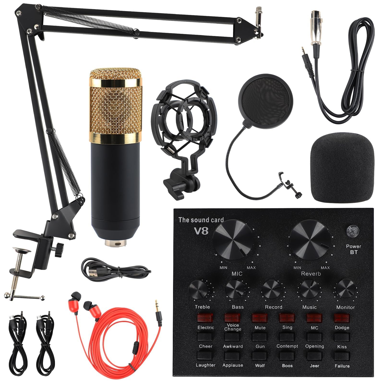 MorTime Condenser Microphone Bundle, Live Sound Card, Adjustable Boom Arm, Shock Mount, Metal Mic Pop Filter, Sponge Pop Filter Cover, Earphone, Power Cable and Audio Cables, Set of 11 Mic Kit