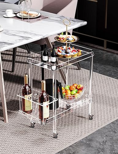 Miniatura 3 de solaround Carrito de barra de acrílico, carrito de servicio para el hogar con ruedas bloqueables, con estante de vino transparente, para cocina y