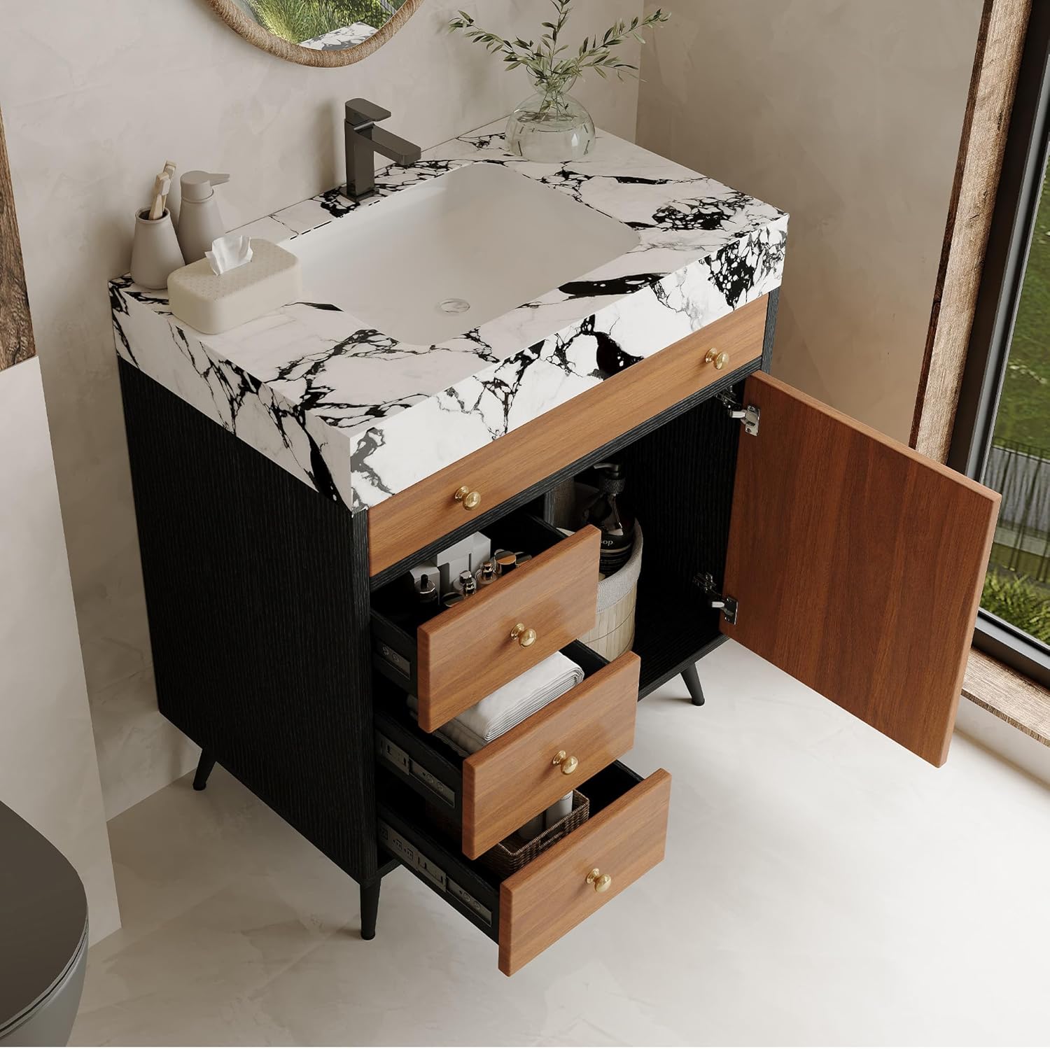 30 inch Bathroom Vanity with Ceramic Sink & Sintered Stone Countertop, Freestanding Bathroom Vanity Cabinet with Soft Closing Door, 3 Storage Drawers, Stainless Steel Legs, Two-Tone Wood Grain Finish - Image 5