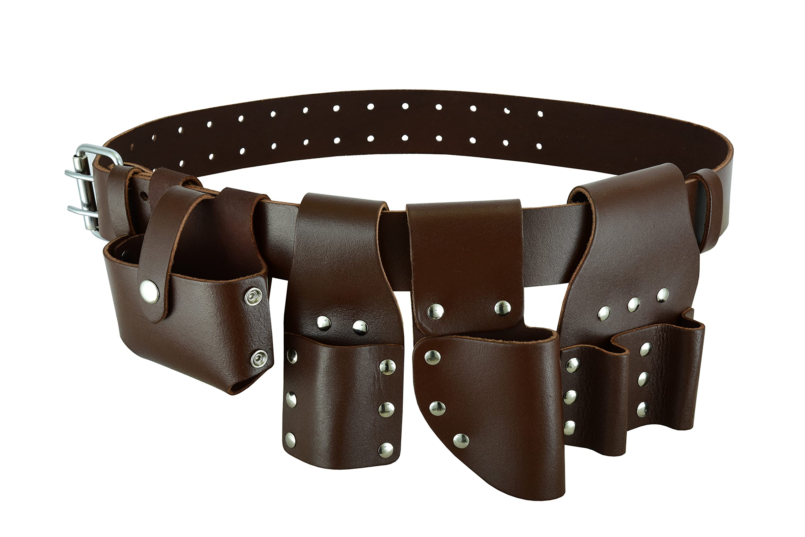 Builder's Mate Leather Rivet Reinforced ScaffoldersTool Belt 4 Pockets/Pouches - Pure Brown Scaffolding Leather Toolset Belt - 5 in 1 Special … — image 1