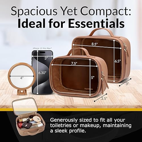 Miniatura 6 de Juego de bolsa de cosméticos de viaje transparente, aprobada por la TSA, 2 piezas, bolsa de aseo transparente más espejo portátil del mismo color,