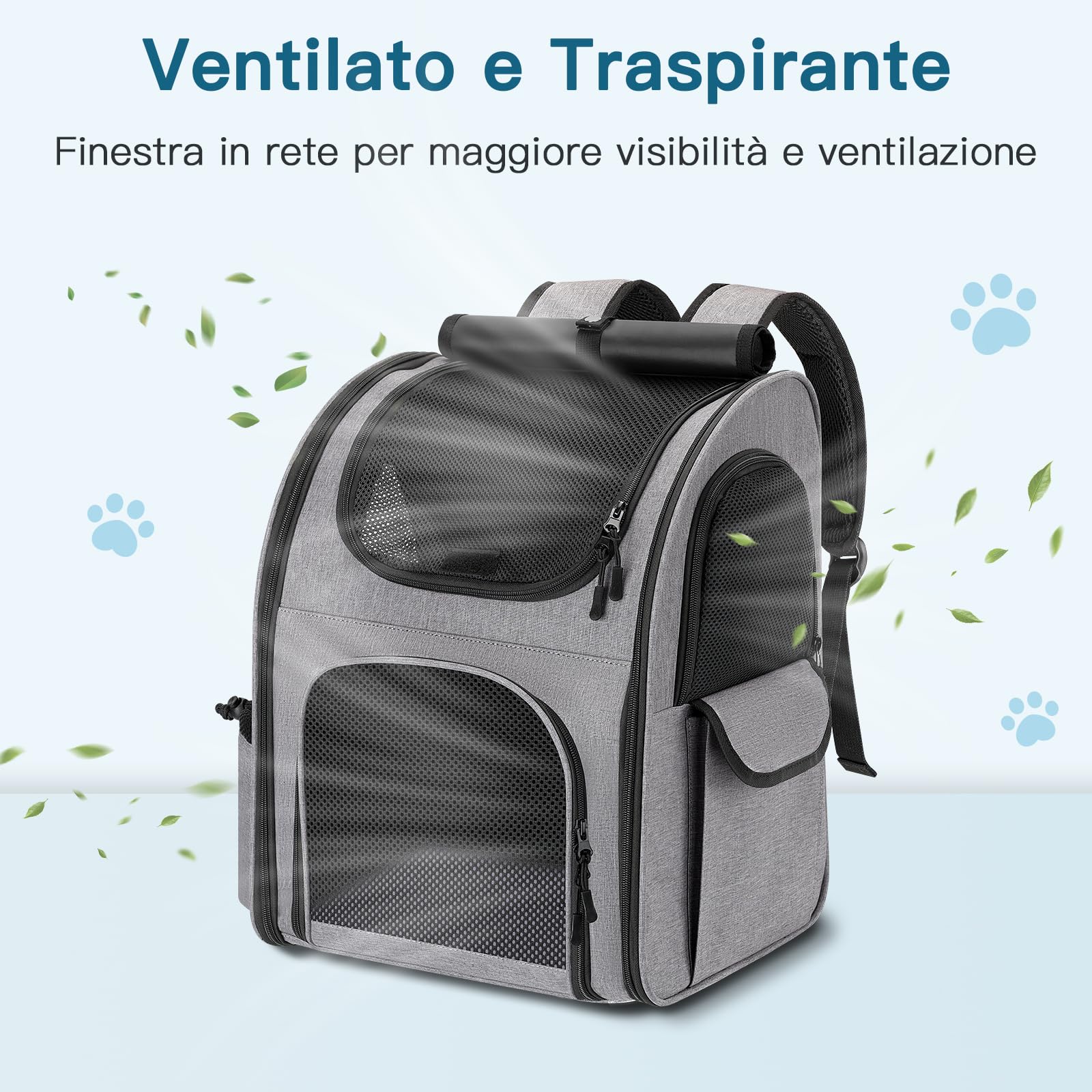 Zaino per Cani Gatti, Grande Zaino Gatto Cane 10 kg, Traspirante Zaino Porta Cane Gatto con Finestra a Rete, Zaino Trasportino Cani Gatto con Guinzaglio Interno e Tappetino per Viaggi - Grigio