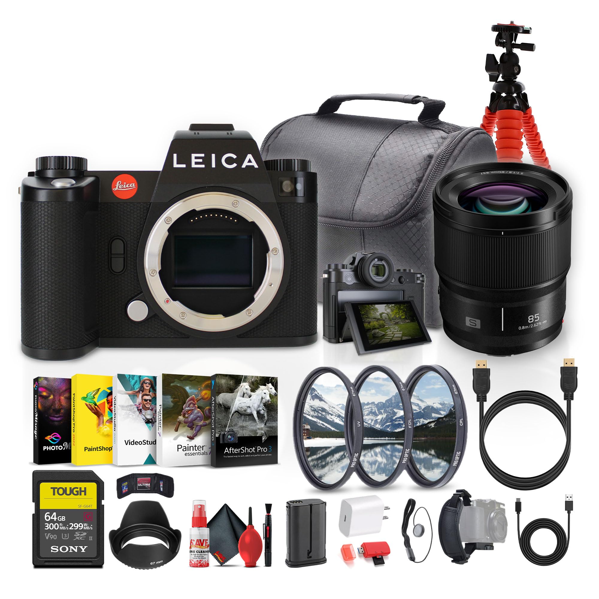 Leica SL3 Mirrorless Digital Camera (10607) + Panasonic S 85mm Lens + 64GB Memory Card + Photography Software + Lens Filter Kit + Camera Bag + Flexible Tripod + Cleaning Kit + USB-C Cable + More