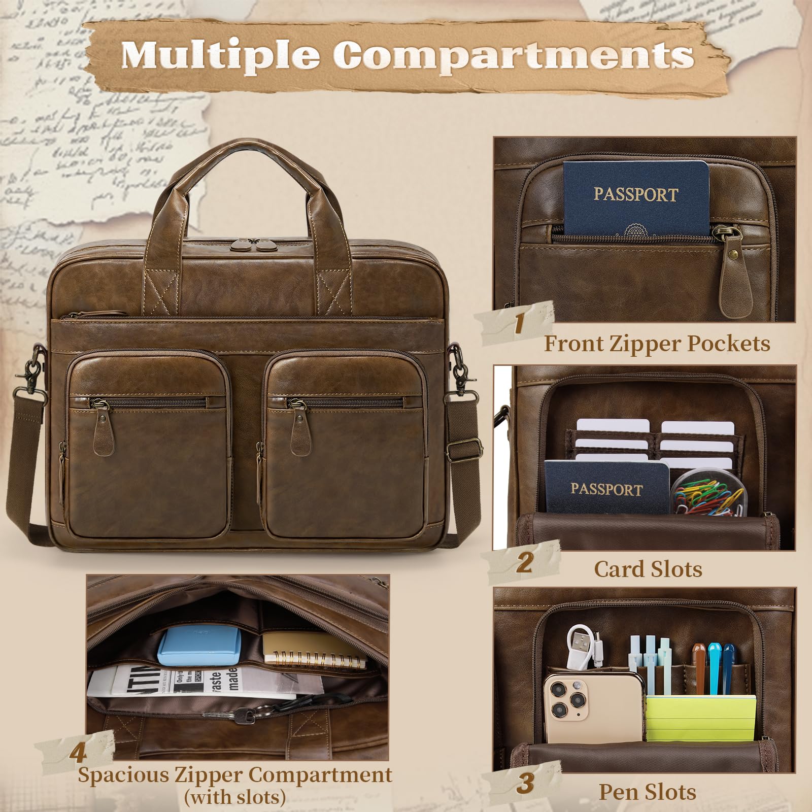 RAINSMORE Arbeitstasche Herren Vintage Aktentasche Laptoptasche 15.6 Zoll Wasserdicht Umhängetasche Ledertasche