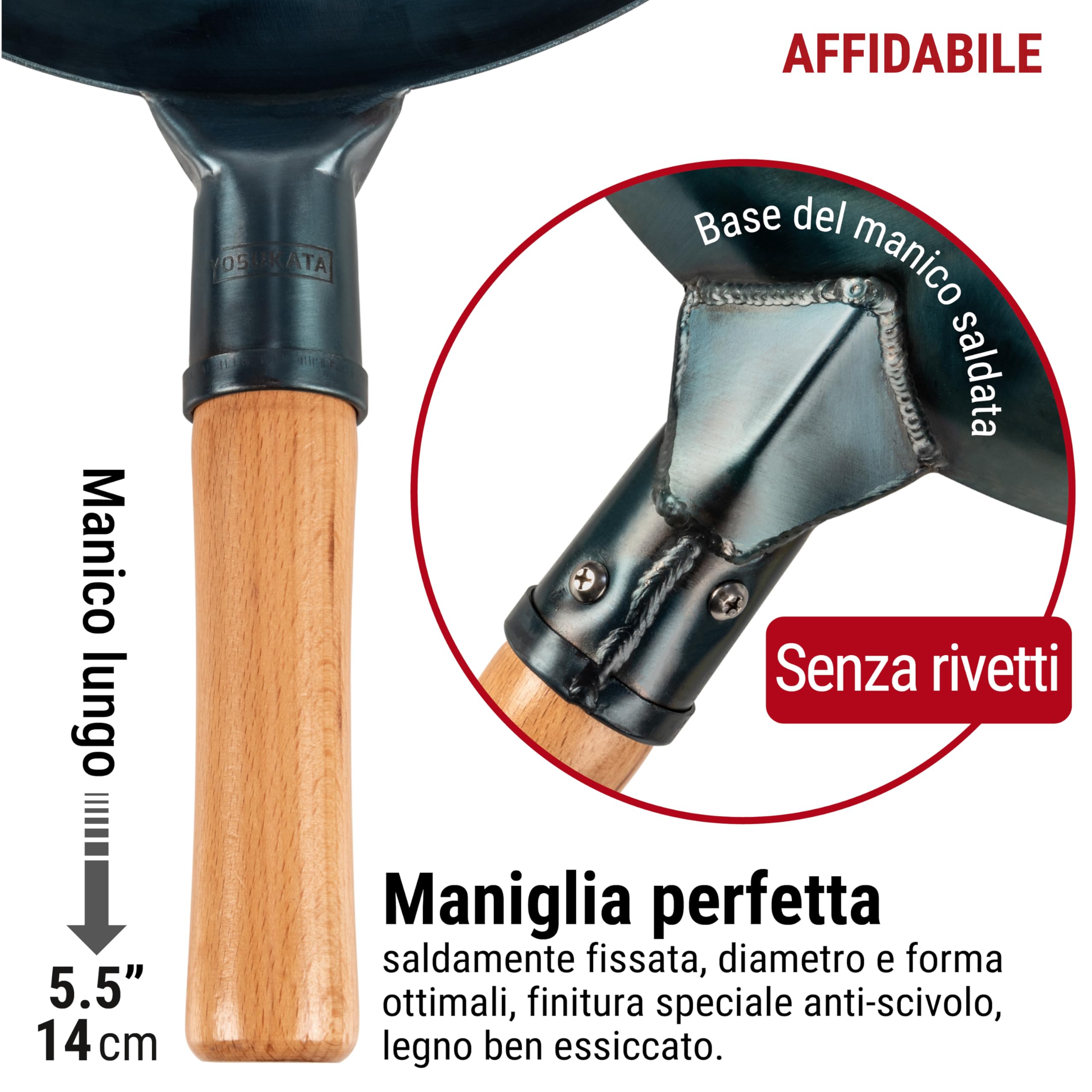YOSUKATA Wok Padella Professionale 34 cm - Tradizionale Wok Acciaio al Carbonio Blu Fondo Piatto Precondizionato - Cinese Originale Padella - Adatto a Gas Induzione Elettrico Сeramica e Fuoco Aperto
