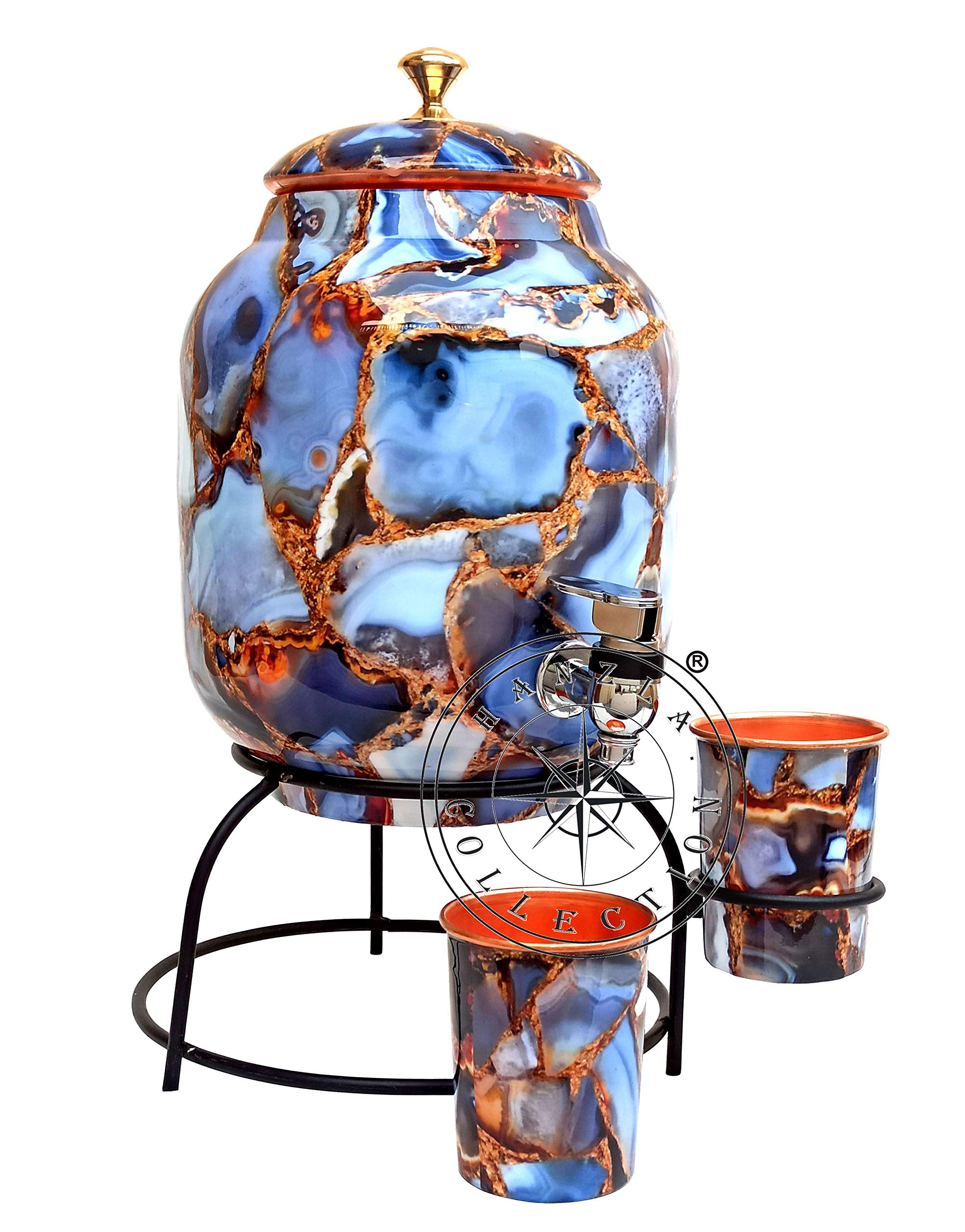 Hanzla CollectionCopper Printed Water Pot Dispenser Matka 5 Liter Storage Drinking Water for Restaurant Hotel & Home Good Health Benefits with 2 Glasses