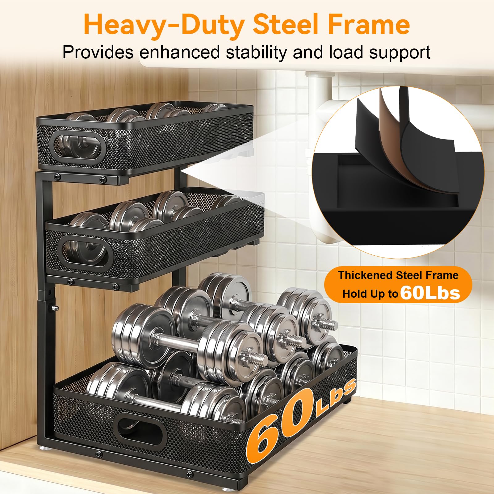 Organizador debajo del fregadero para baño, 3 niveles de altura ajustable debajo del fregadero, estante organizador de gabinete deslizante extraíble, organizador de gabinete multiusos de metal