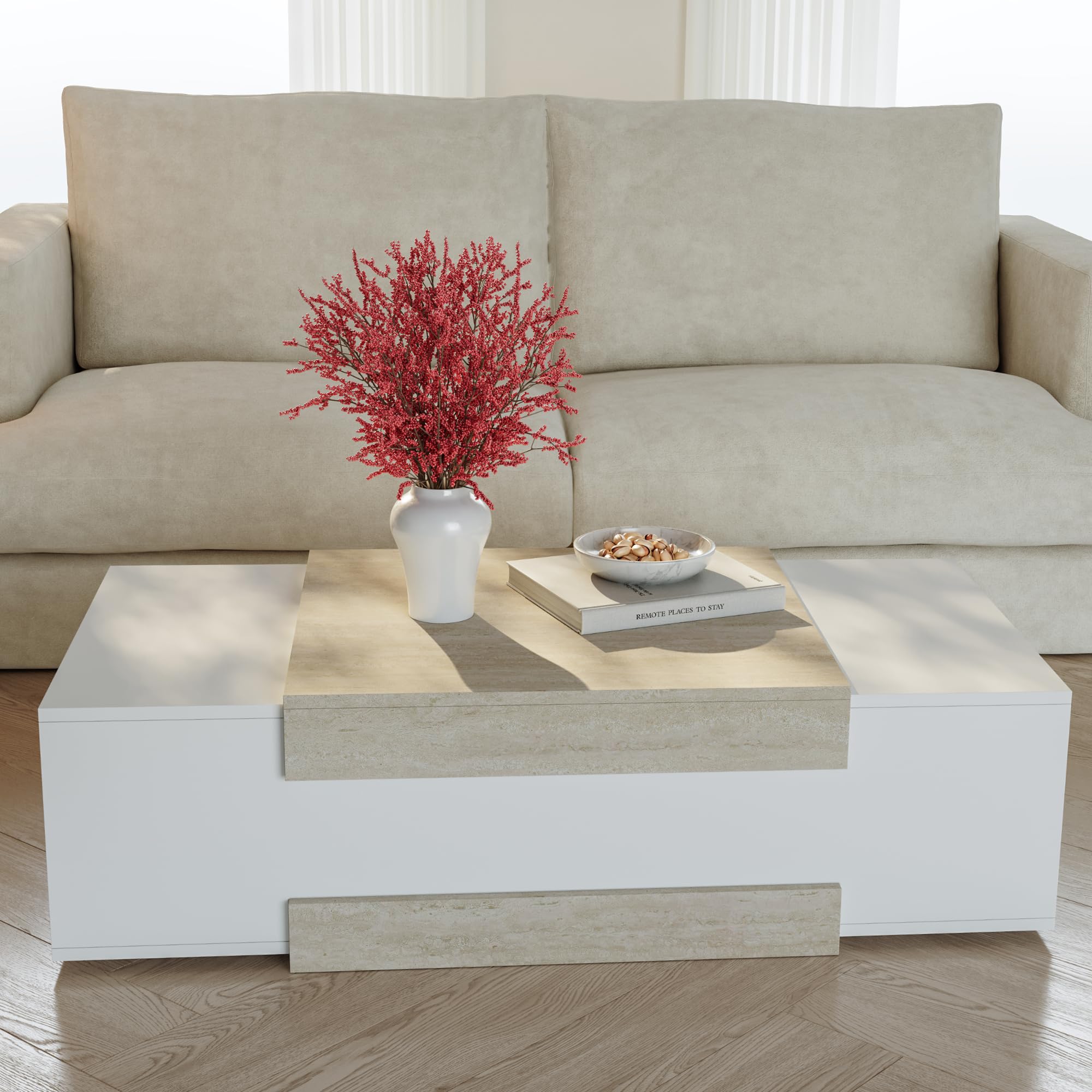 [en.casa] Couchtisch Eljak Wohnzimmertisch 110 x 57 x 31 cm Sofatisch mit 2 offenen Ablagefächern Beistelltisch rechteckig Kaffeetisch Weiß/Travertin