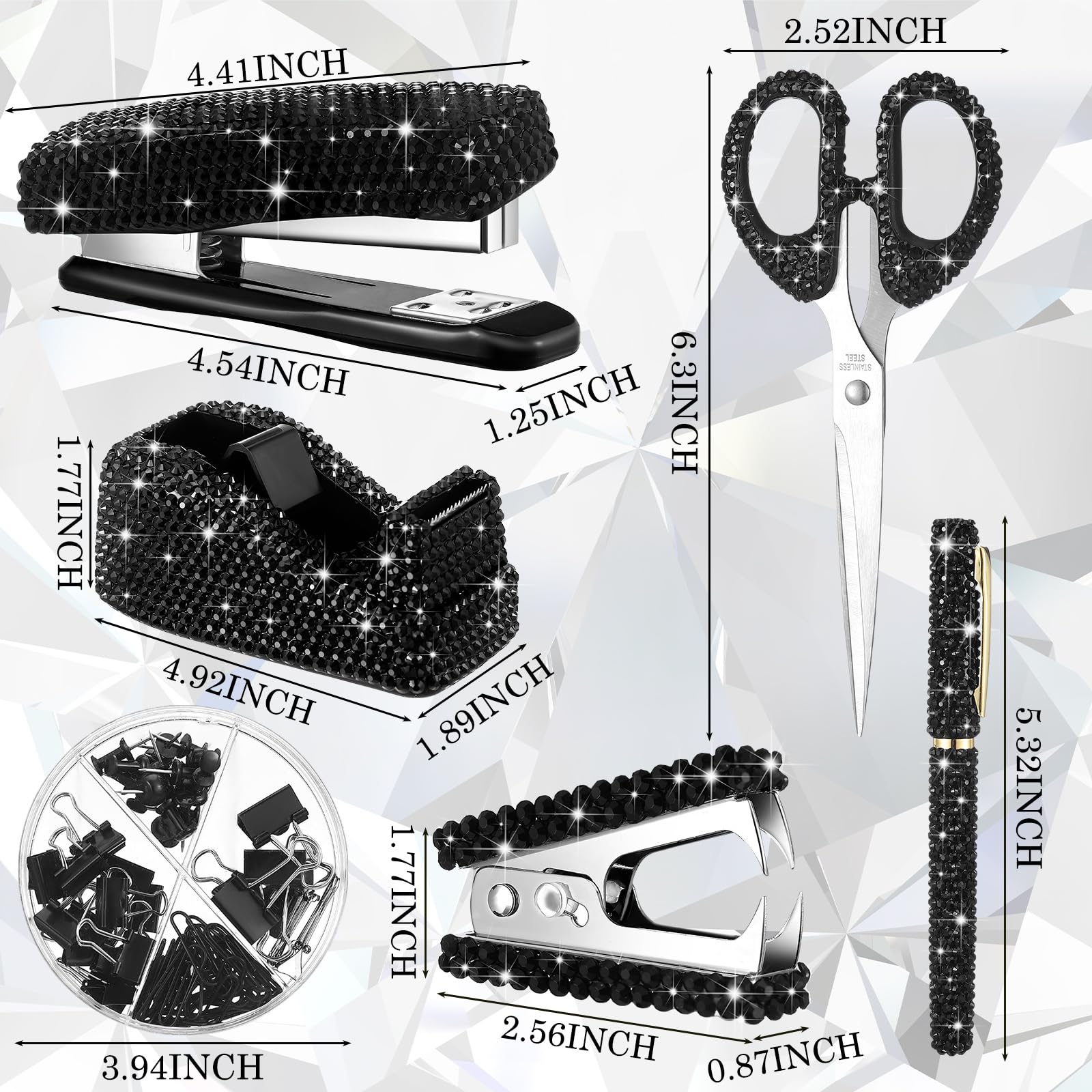Demissle Set di 6 accessori da scrivania luccicanti per ufficio con cristalli, kit di cancelleria per il ritorno a scuola, forbici, pinzatrice, dispenser per nastro adesivo, penna diamantata