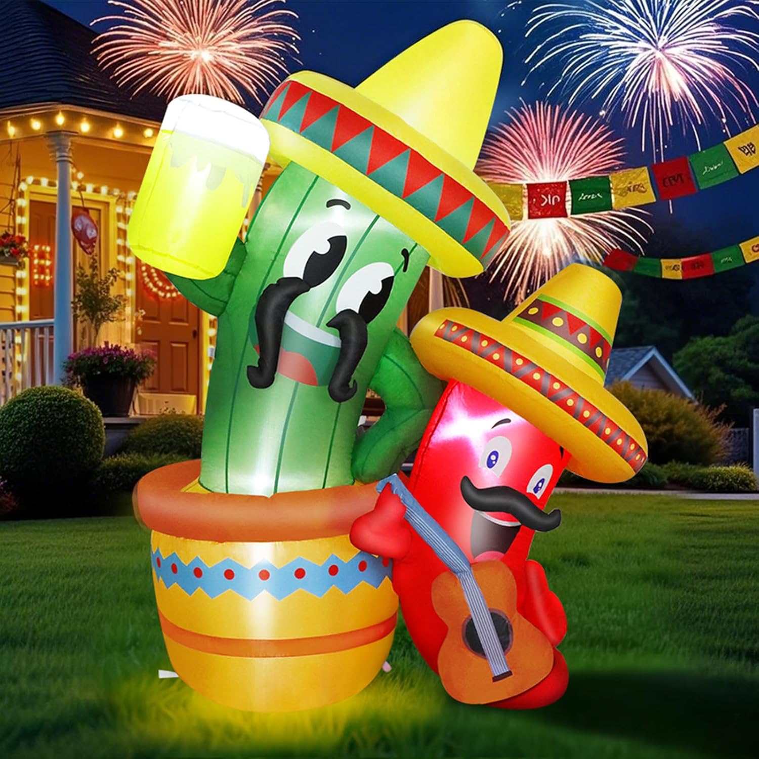 Cinco De Mayo Inflatables Outdoor Decorations,5.2 FT Blow-Up Cactus & Chili Pepper Yard Decor with LED Lights, Fun Mexican Theme Party Decoration for Indoor & Outdoor Holiday Party, Lawn, Garden