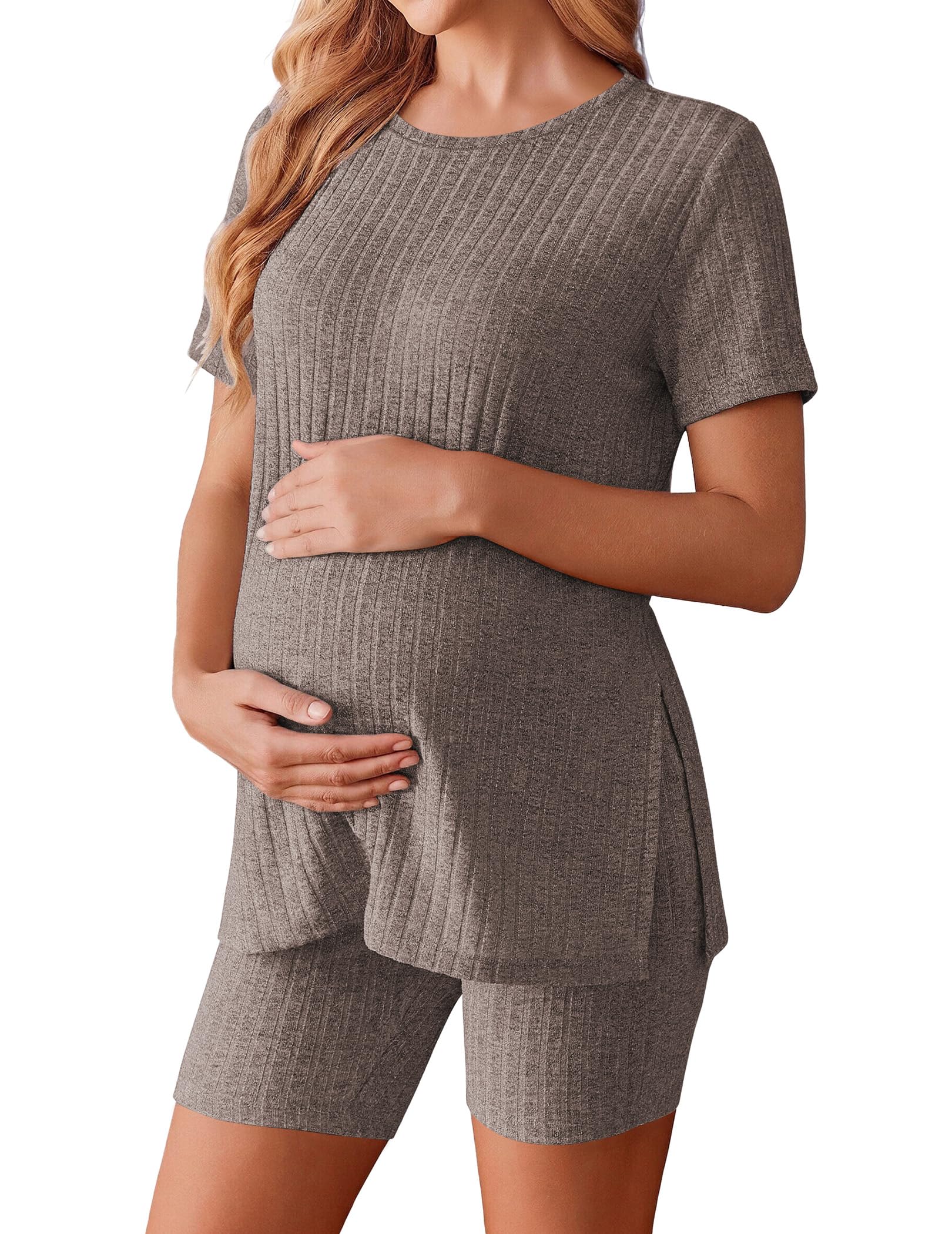 Ekouaer Women's Maternity 2 Piece Sets Short Sleeve Shirts and Biker Shorts