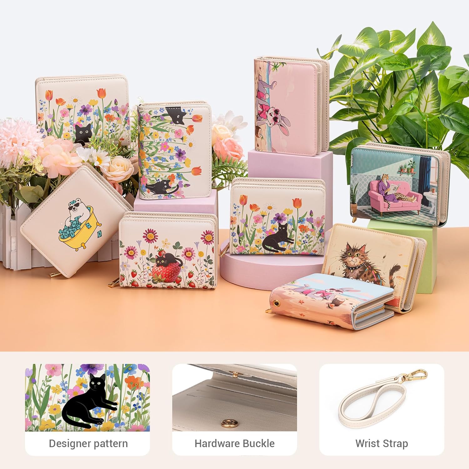YINHEXI Small Wallets for Women with Credit Card Holder RFID Blocking Womens Wristlet Bifold Wallet with ID Window(Cat Flower-2) - Image 6