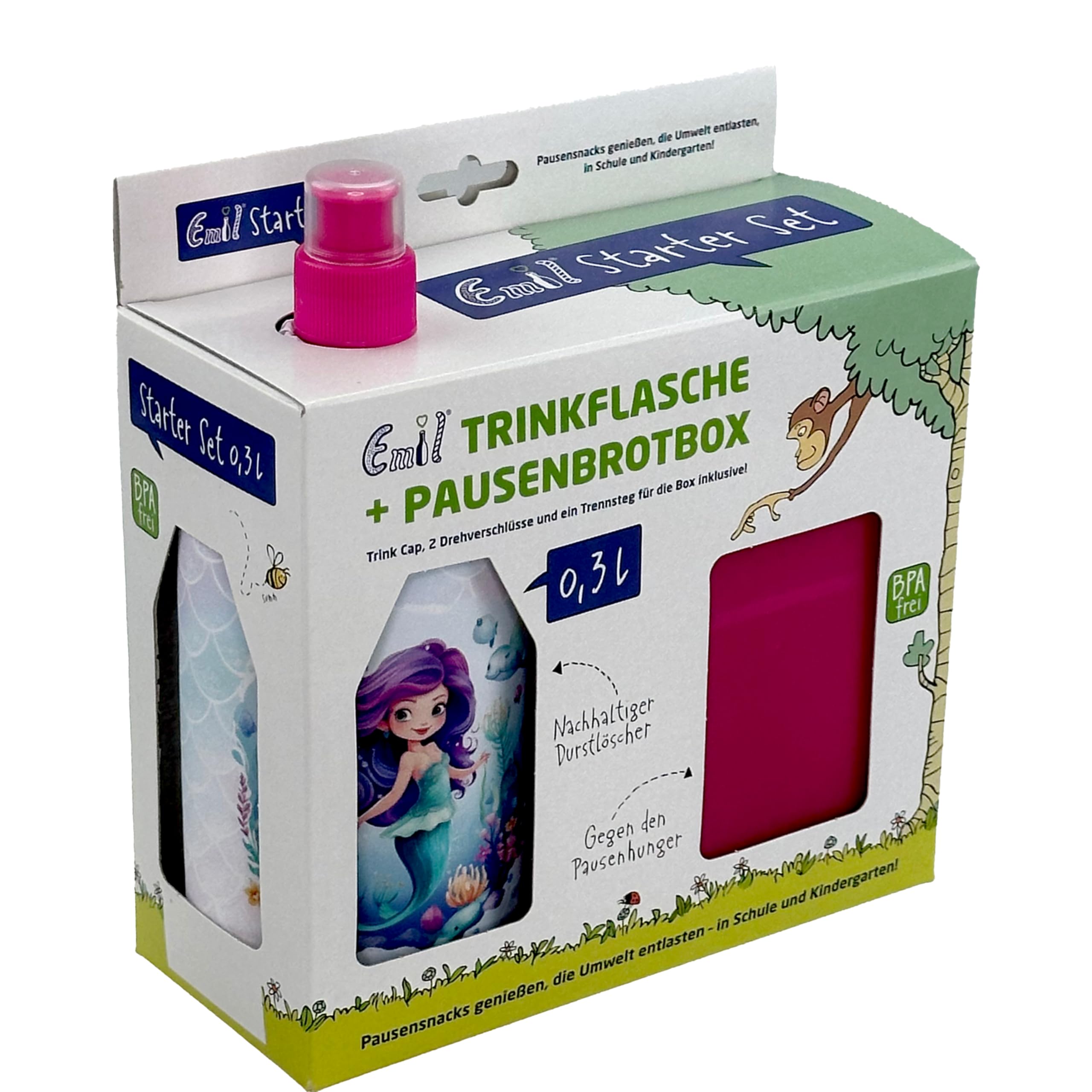 Emil Glas Trinkflasche Starterset 0,3l Nixe – mit Brotbox & 3 Verschlüsse, isolierte Kinderflasche für Kita, Kindergarten & Schulstart, schadstofffrei